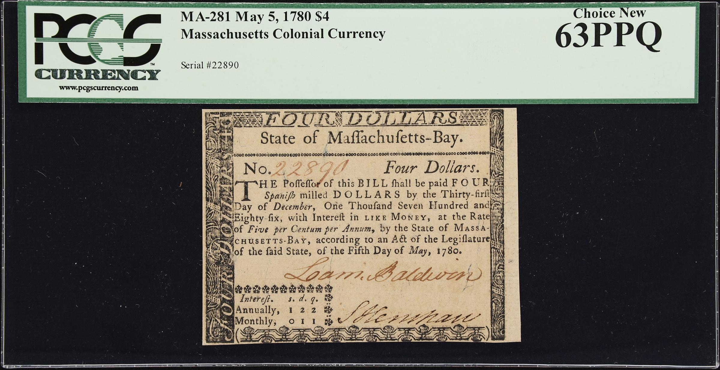 image for: MA-281. Massachusetts. May 5, 1780. $4. PCGS Currency Choice New 63 PPQ.