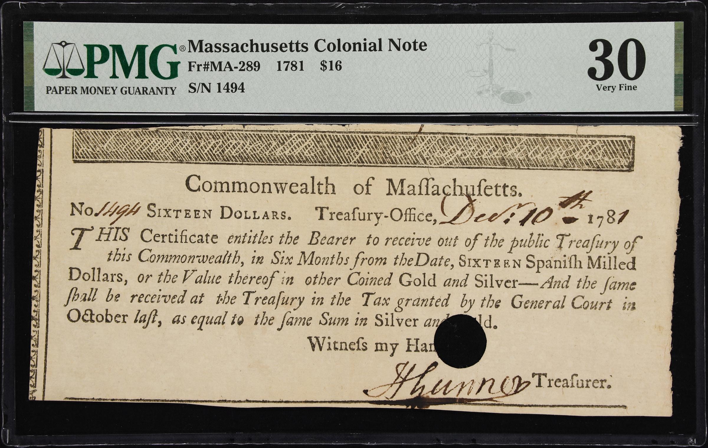 image for: MA-289. Massachusetts. 1781. $16. PMG Very Fine 30.