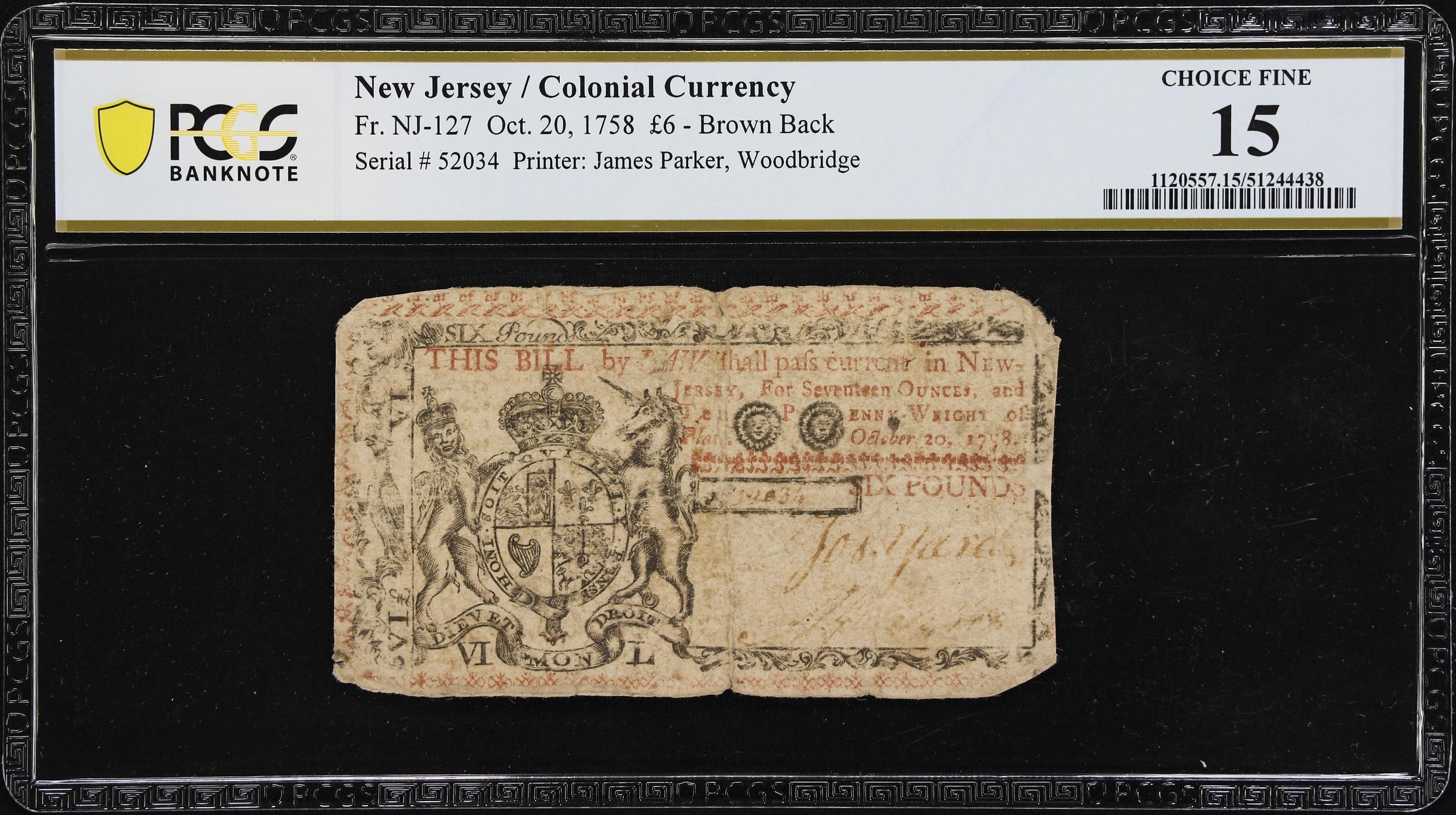 image for: NJ-127. New Jersey. October 20, 1758. 6 Pounds. PCGS Banknote Choice Fine 15.