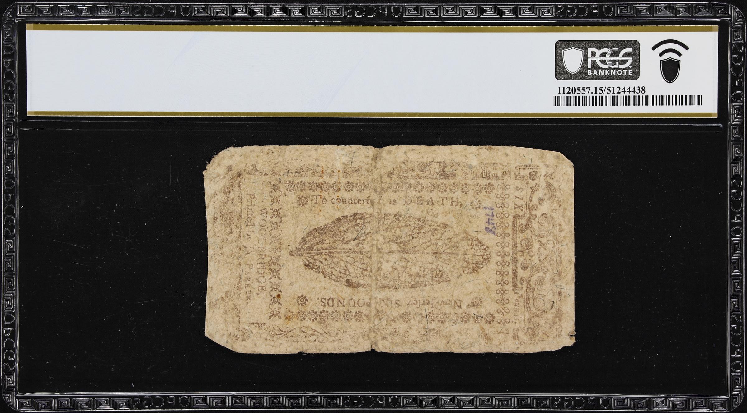 image for: NJ-127. New Jersey. October 20, 1758. 6 Pounds. PCGS Banknote Choice Fine 15.