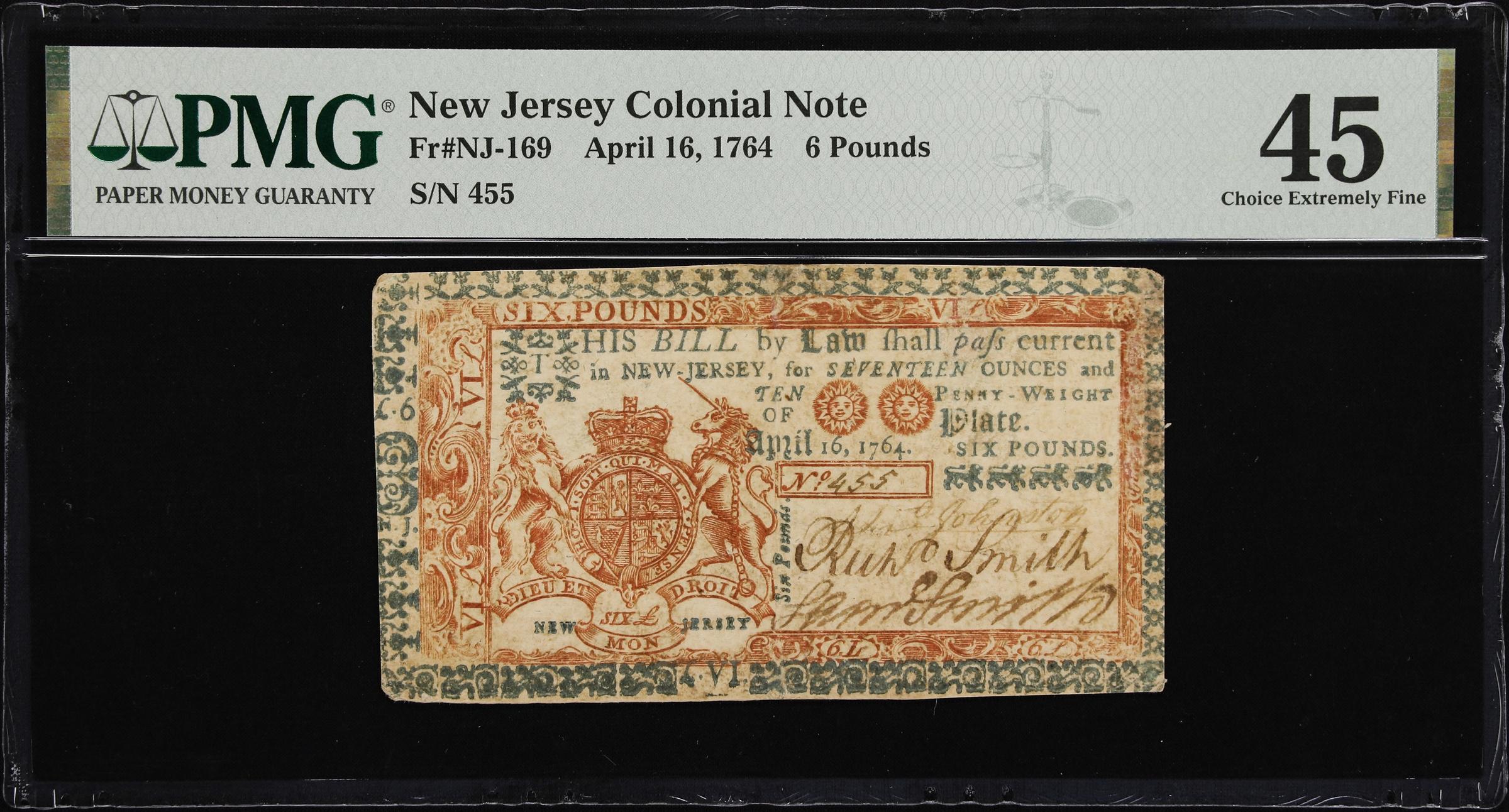 image for: NJ-169. New Jersey. April 16, 1764. 6 Pounds. PMG Choice Extremely Fine 45.