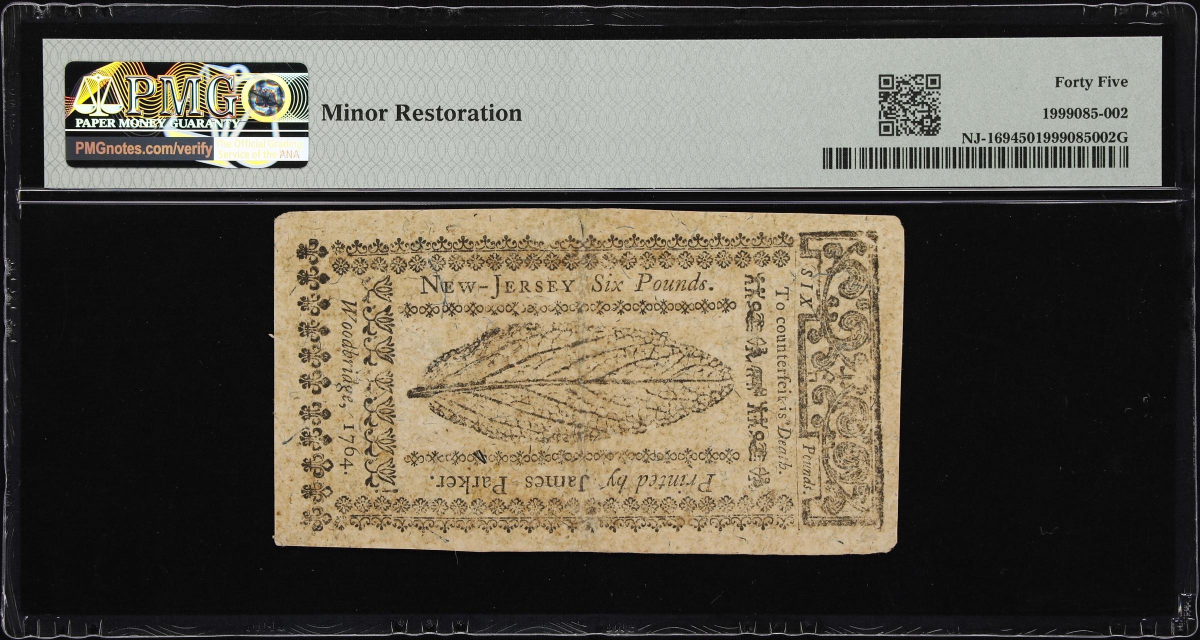 image for: NJ-169. New Jersey. April 16, 1764. 6 Pounds. PMG Choice Extremely Fine 45.