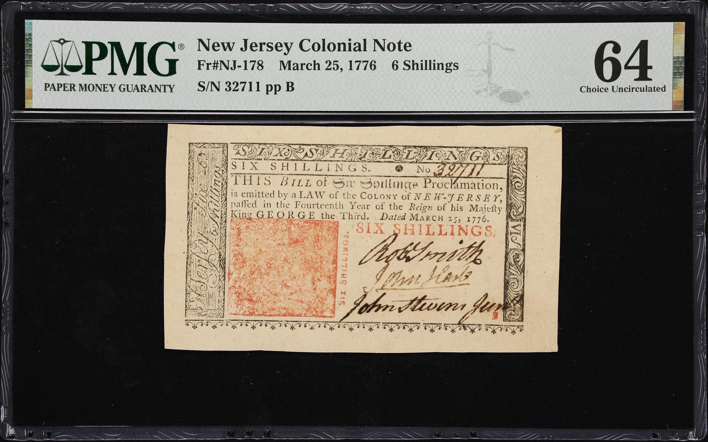 image for: NJ-178. New Jersey. March 25, 1776. 6 Shillings. PMG Choice Uncirculated 64. John Hart Signature.