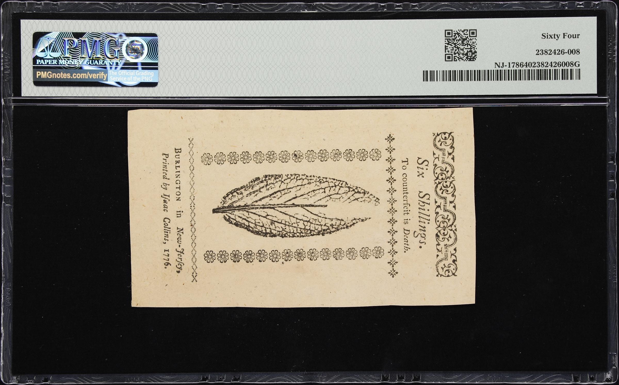 image for: NJ-178. New Jersey. March 25, 1776. 6 Shillings. PMG Choice Uncirculated 64. John Hart Signature.