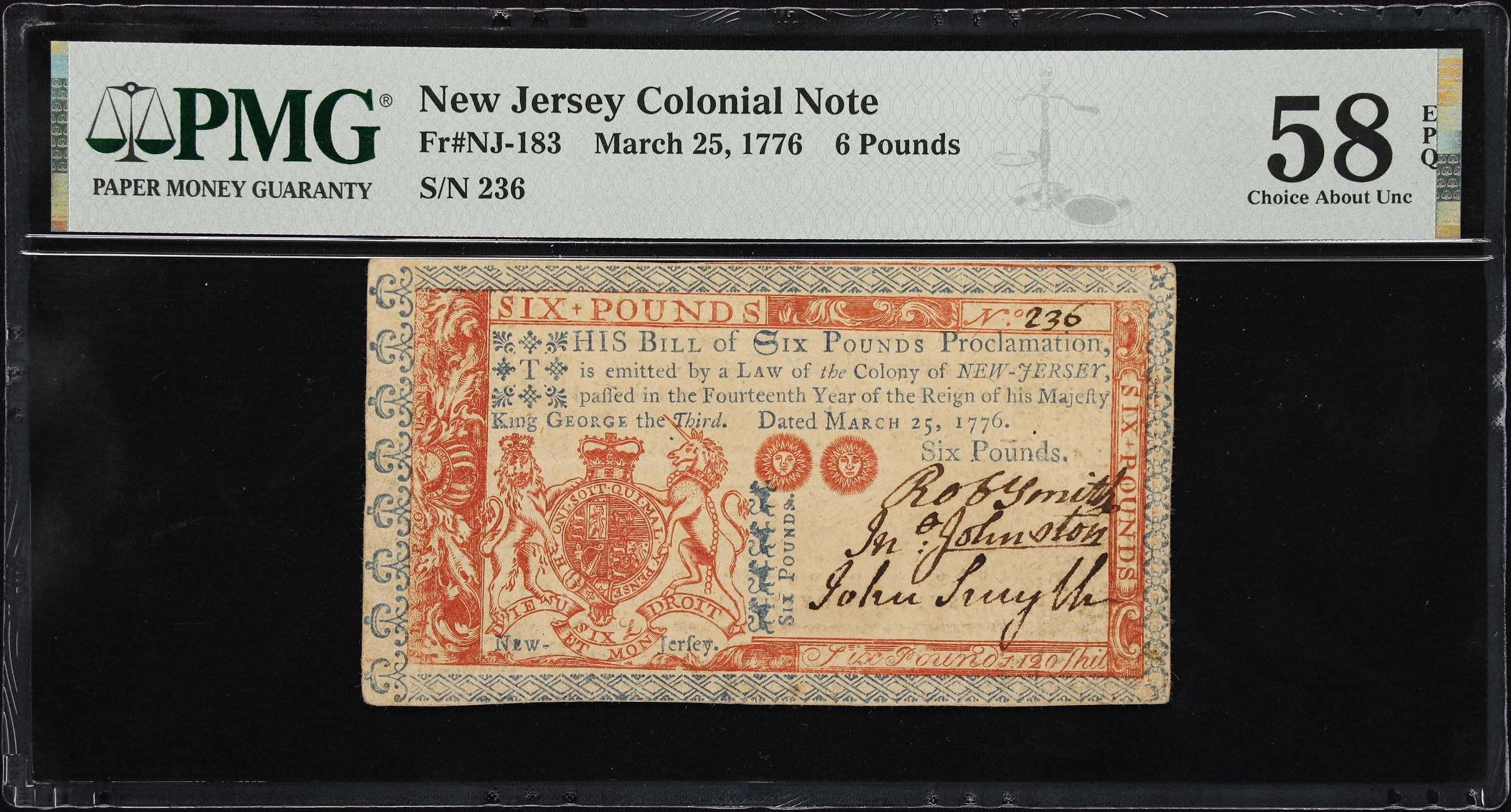 image for: NJ-183. New Jersey. March 25, 1776. 6 Pounds. PMG Choice About Uncirculated 58 EPQ.