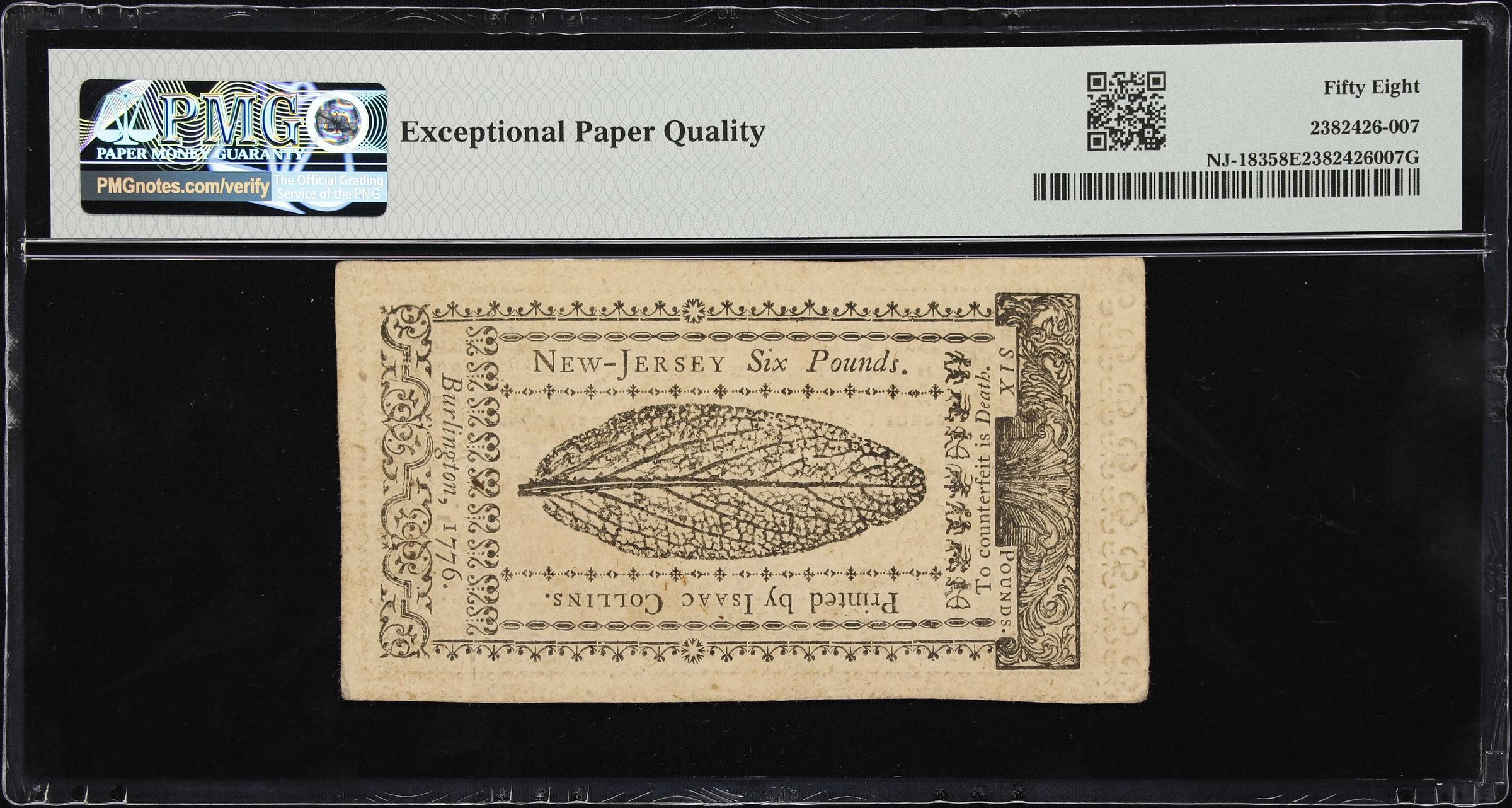 image for: NJ-183. New Jersey. March 25, 1776. 6 Pounds. PMG Choice About Uncirculated 58 EPQ.