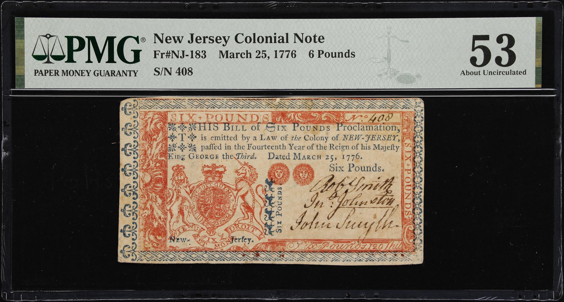 image for: NJ-183. New Jersey. March 25, 1776. 6 Pounds. PMG About Uncirculated 53.