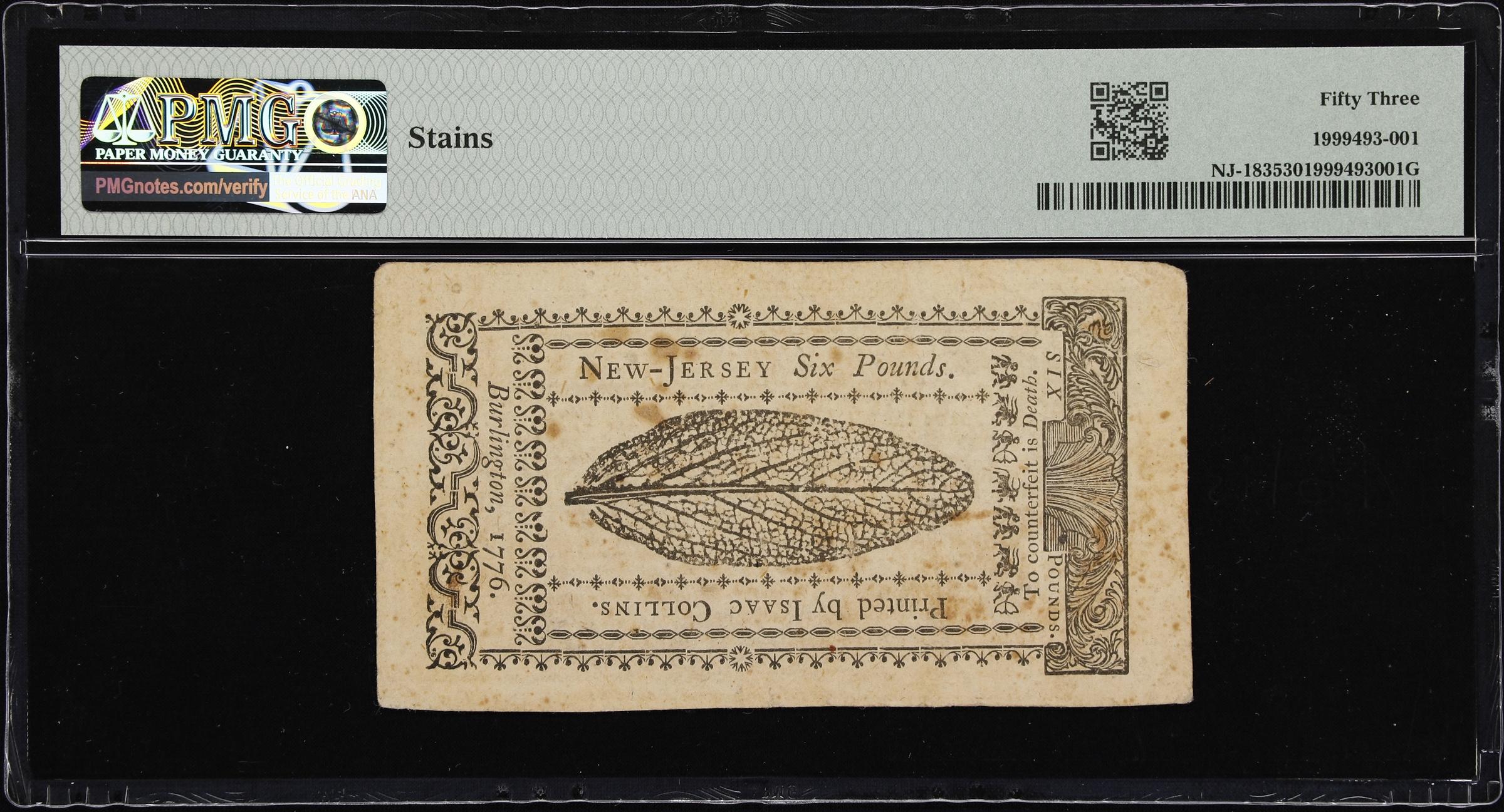 image for: NJ-183. New Jersey. March 25, 1776. 6 Pounds. PMG About Uncirculated 53.