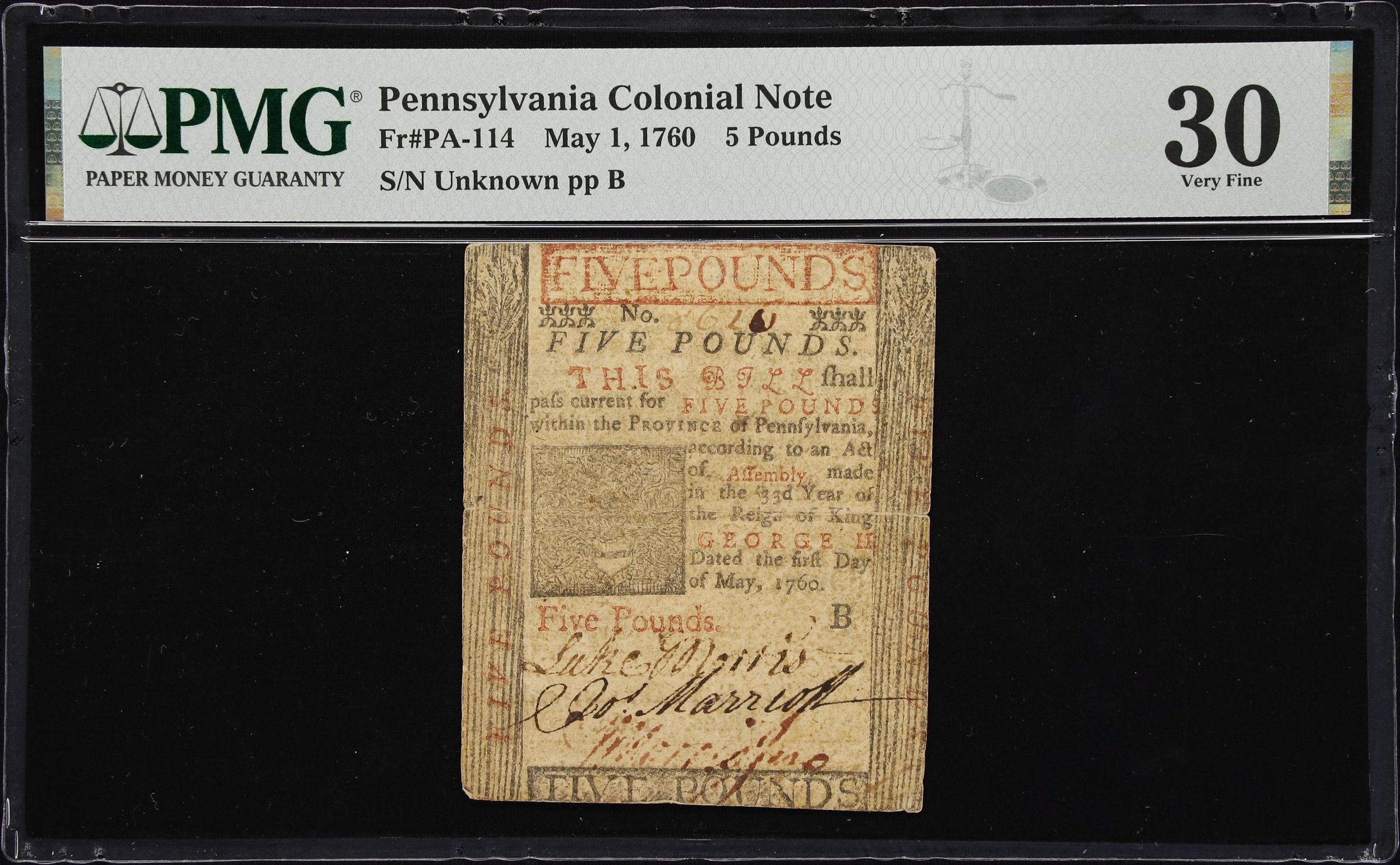 image for: PA-114. Pennsylvania. May 1, 1760. 5 Pounds. PMG Very Fine 30.