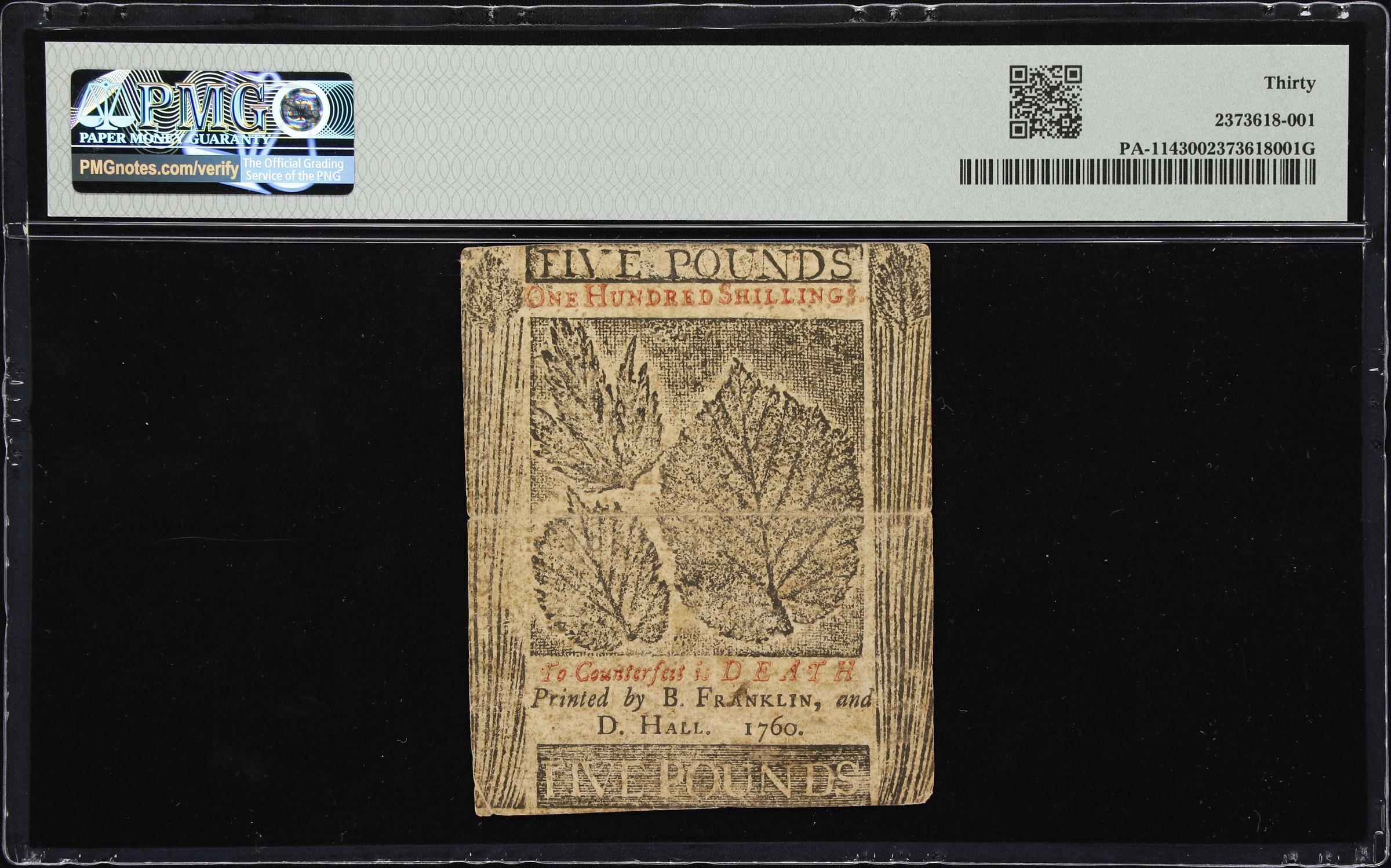 image for: PA-114. Pennsylvania. May 1, 1760. 5 Pounds. PMG Very Fine 30.