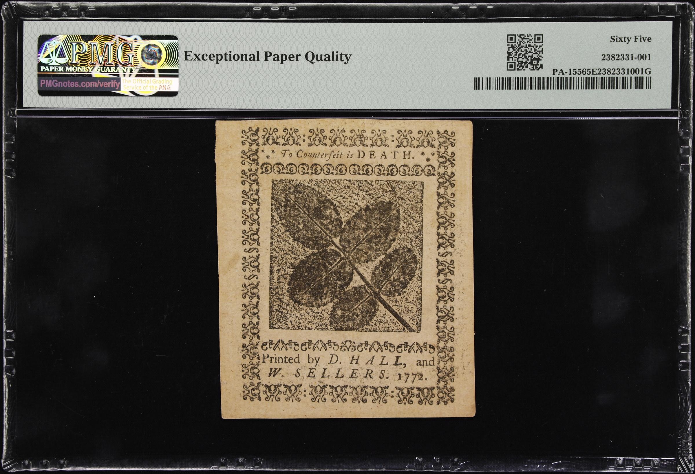 image for: PA-155. Pennsylvania. April 3, 1772. 18 Pence. PMG Gem Uncirculated 65 EPQ.