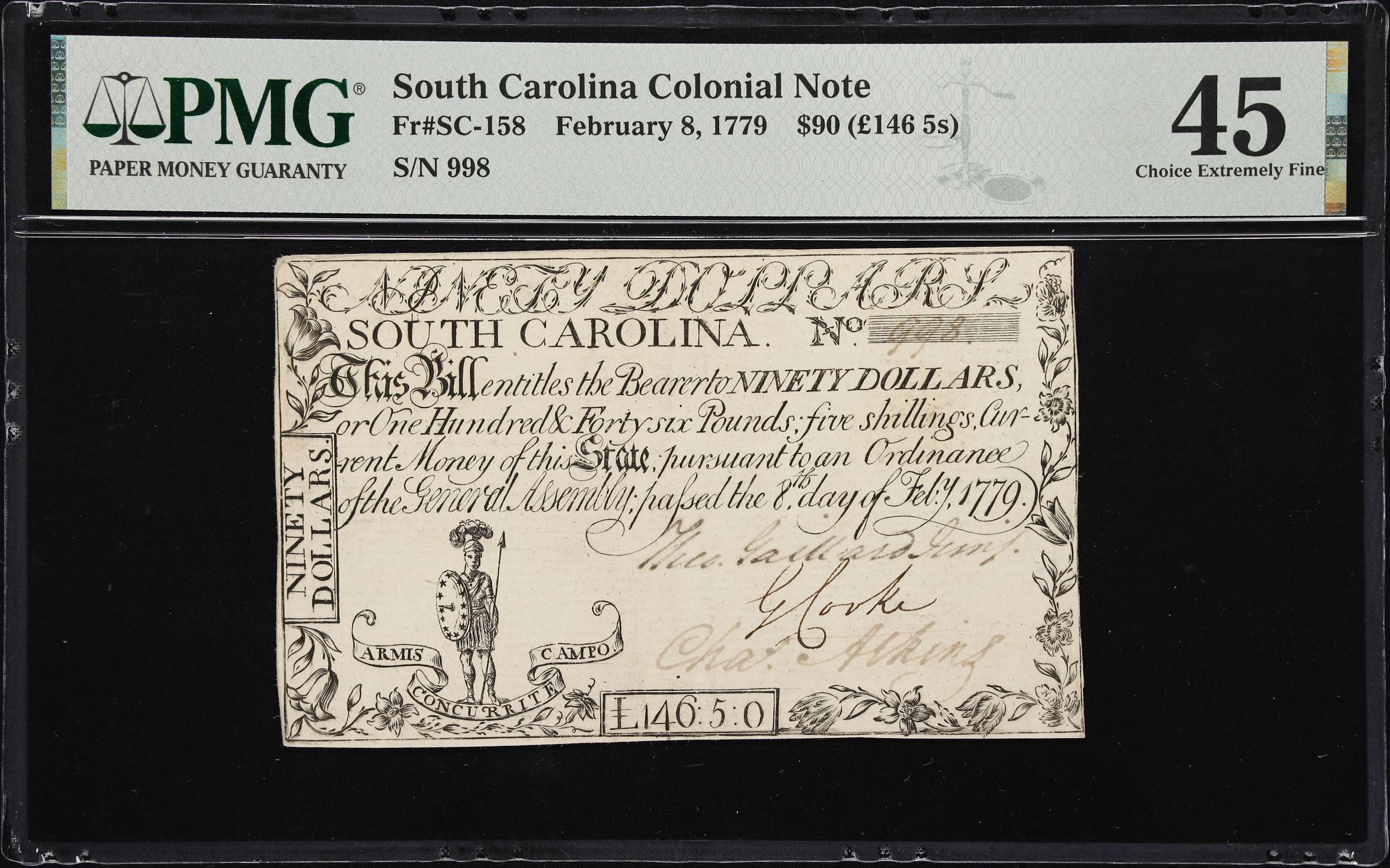 image for: SC-158. South Carolina. February 8, 1779. $90. PMG Choice Extremely Fine 45.