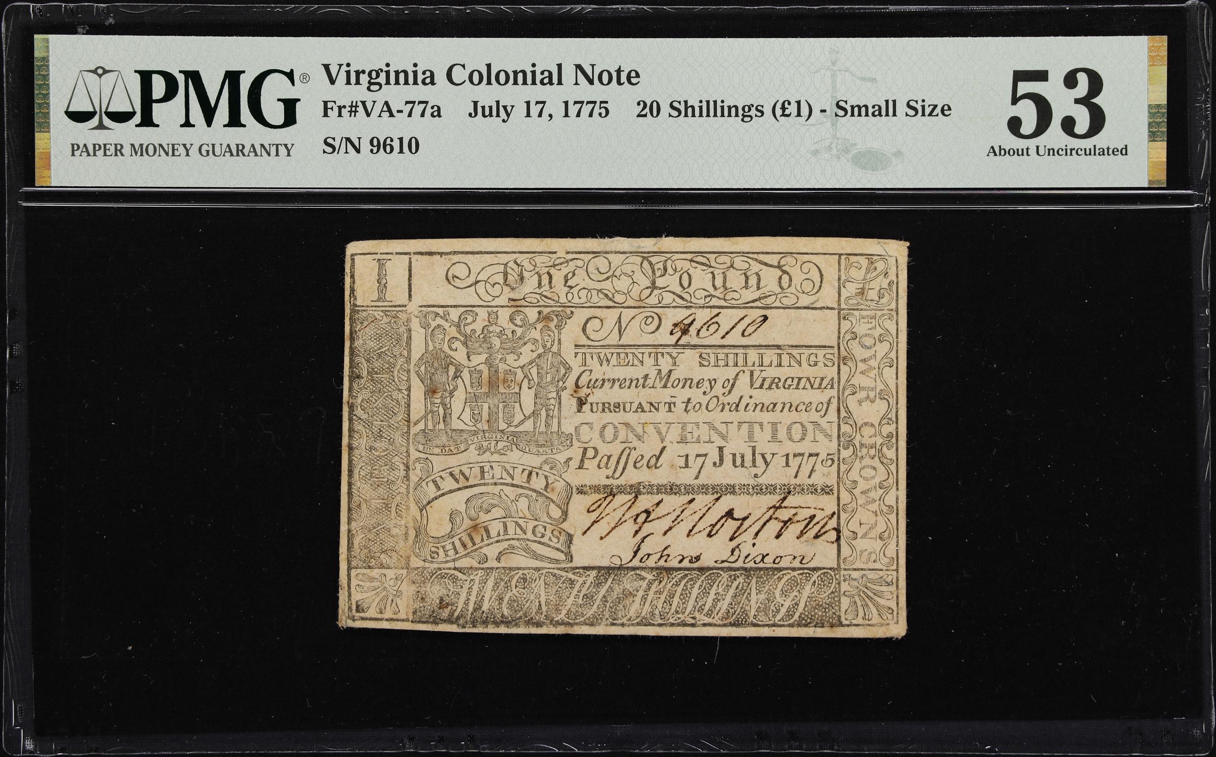 image for: VA-77a. Virginia. July 17, 1775. 20 Shillings. PMG About Uncirculated 53.