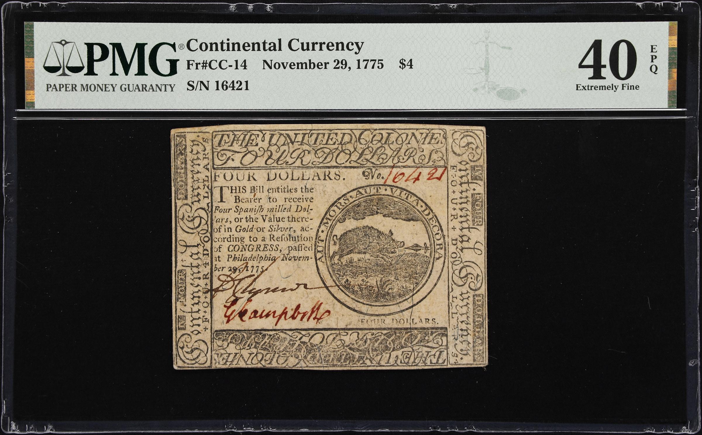 image for: CC-14. Continental Currency. November 29, 1775. $4. PMG Extremely Fine 40 EPQ.