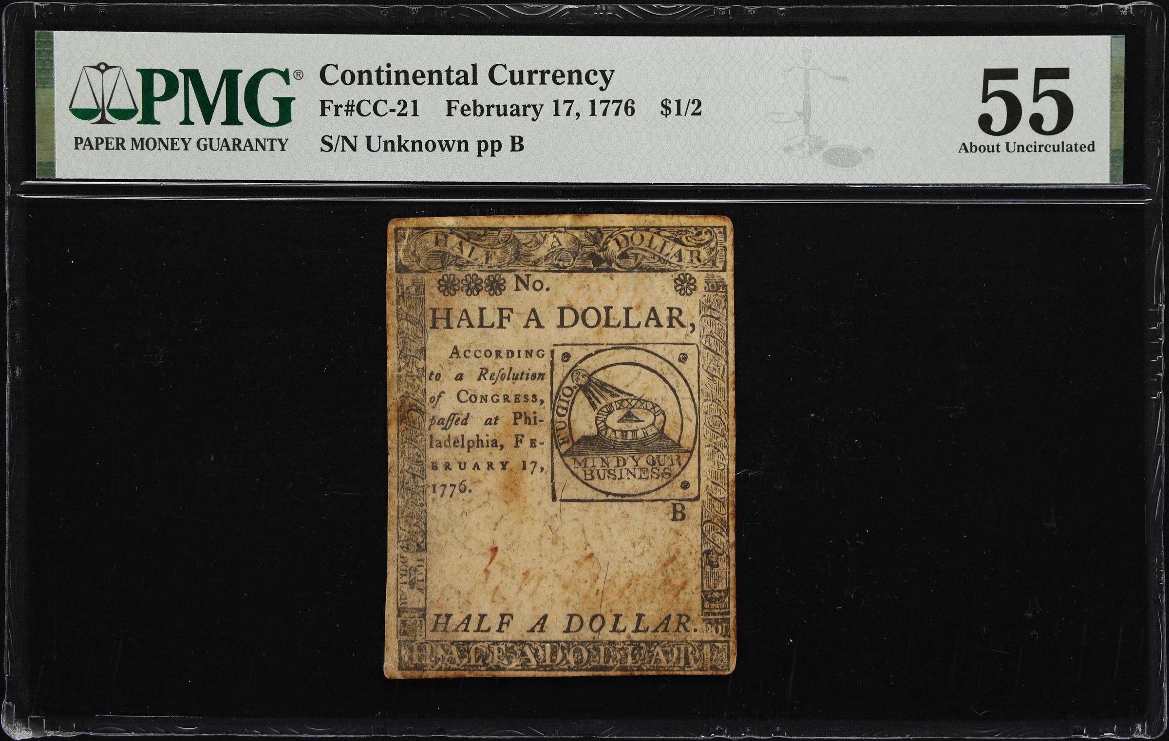 image for: CC-21. Continental Currency. February 17, 1776. $1/2. PMG About Uncirculated 55.
