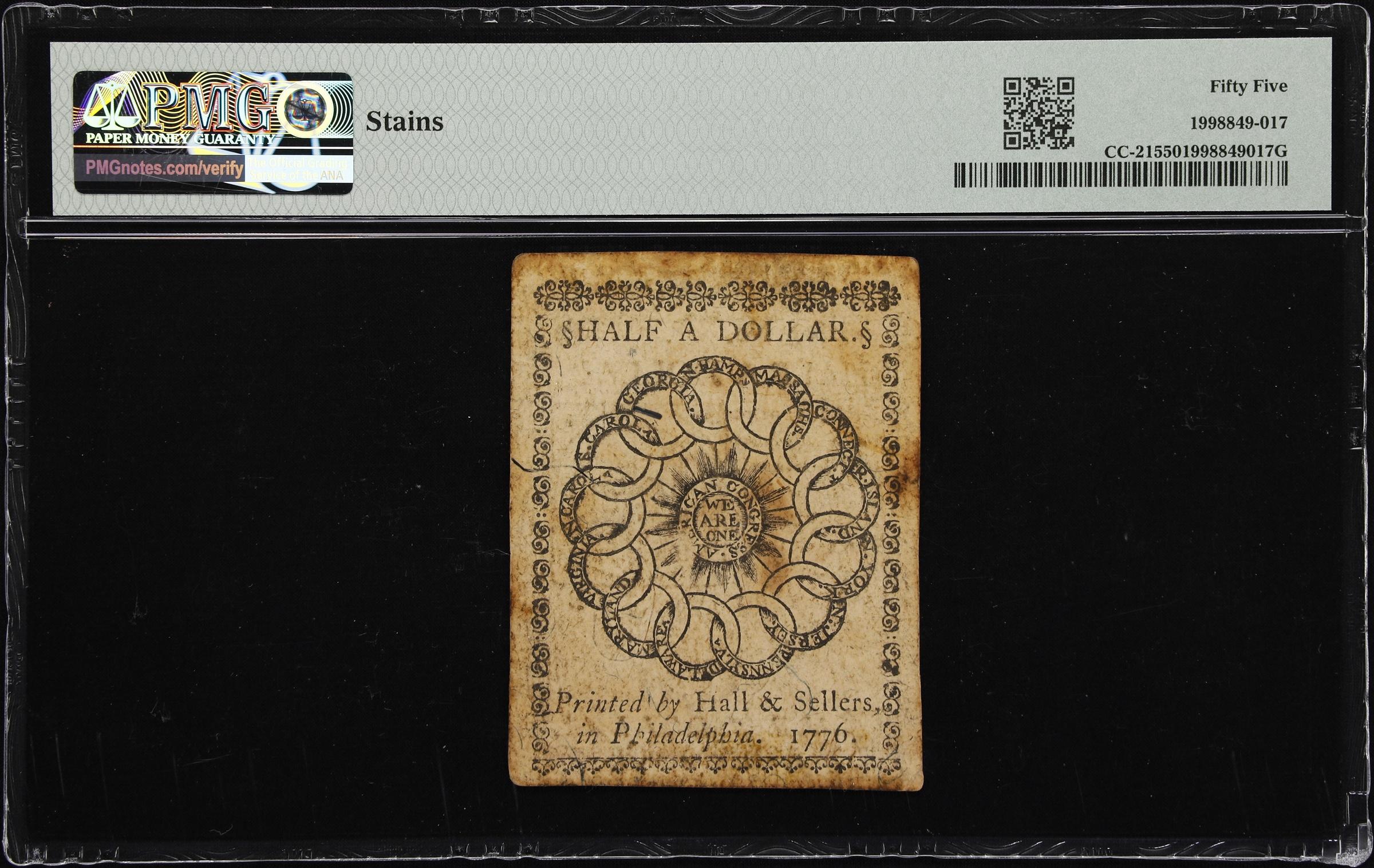 image for: CC-21. Continental Currency. February 17, 1776. $1/2. PMG About Uncirculated 55.