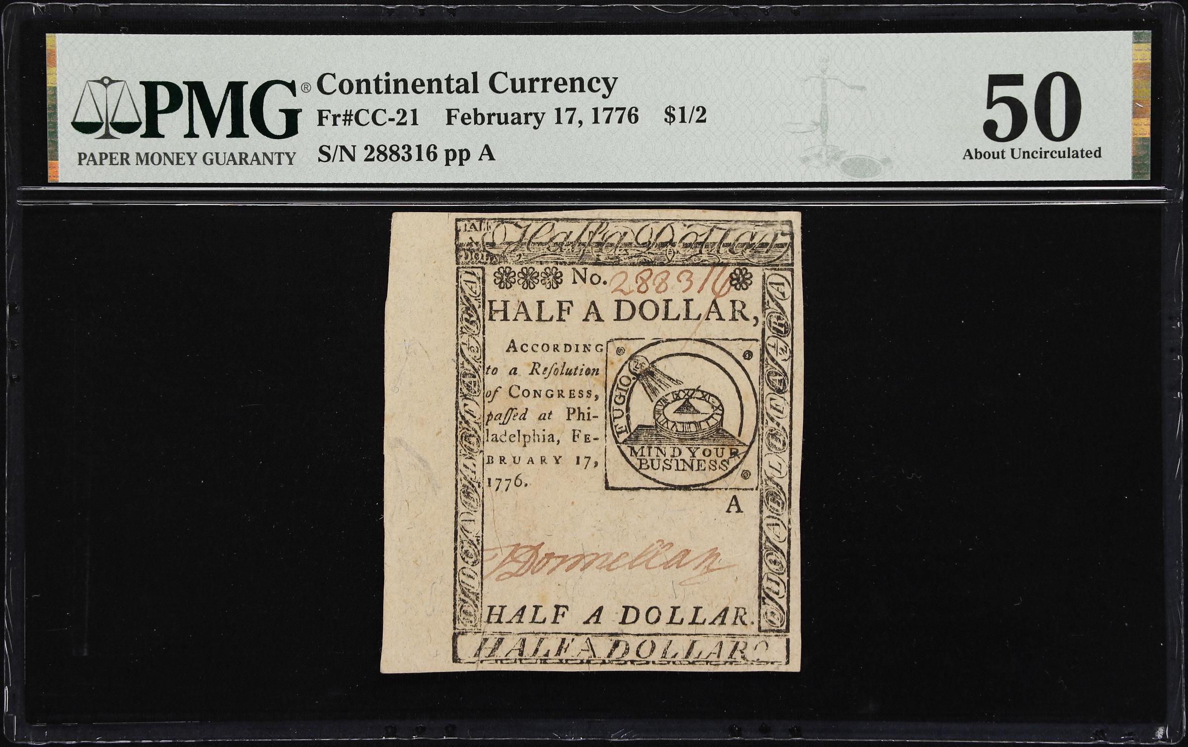 image for: CC-21. Continental Currency. February 17, 1776. $1/2. PMG About Uncirculated 50.