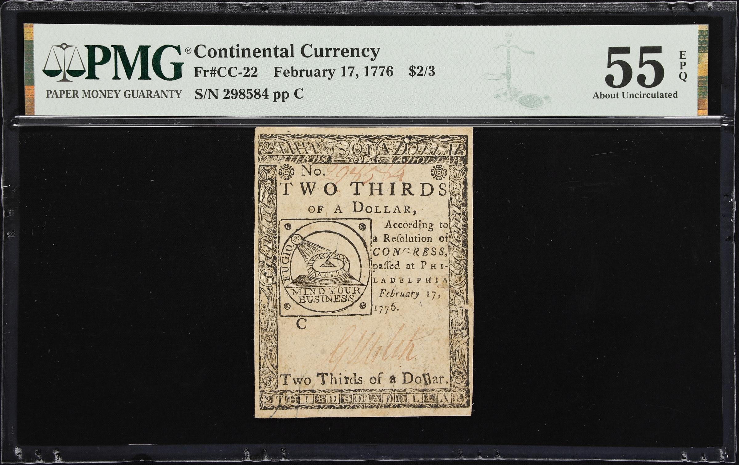 image for: CC-22. Continental Currency. February 17, 1776. $2/3. PMG About Uncirculated 55 EPQ.