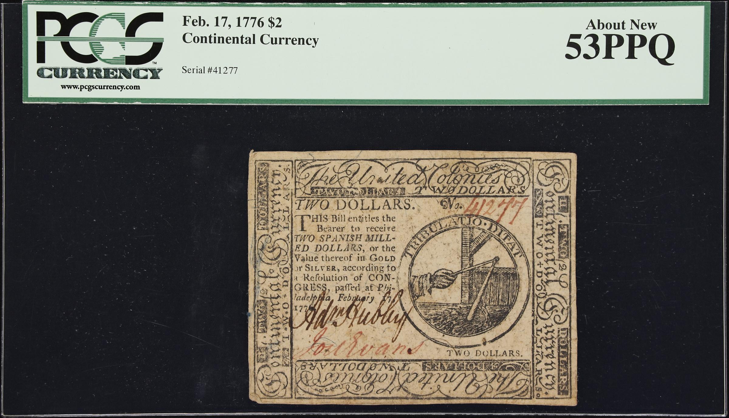image for: CC-24. Continental Currency. February 17, 1776. $2. PCGS Currency About New 53 PPQ.