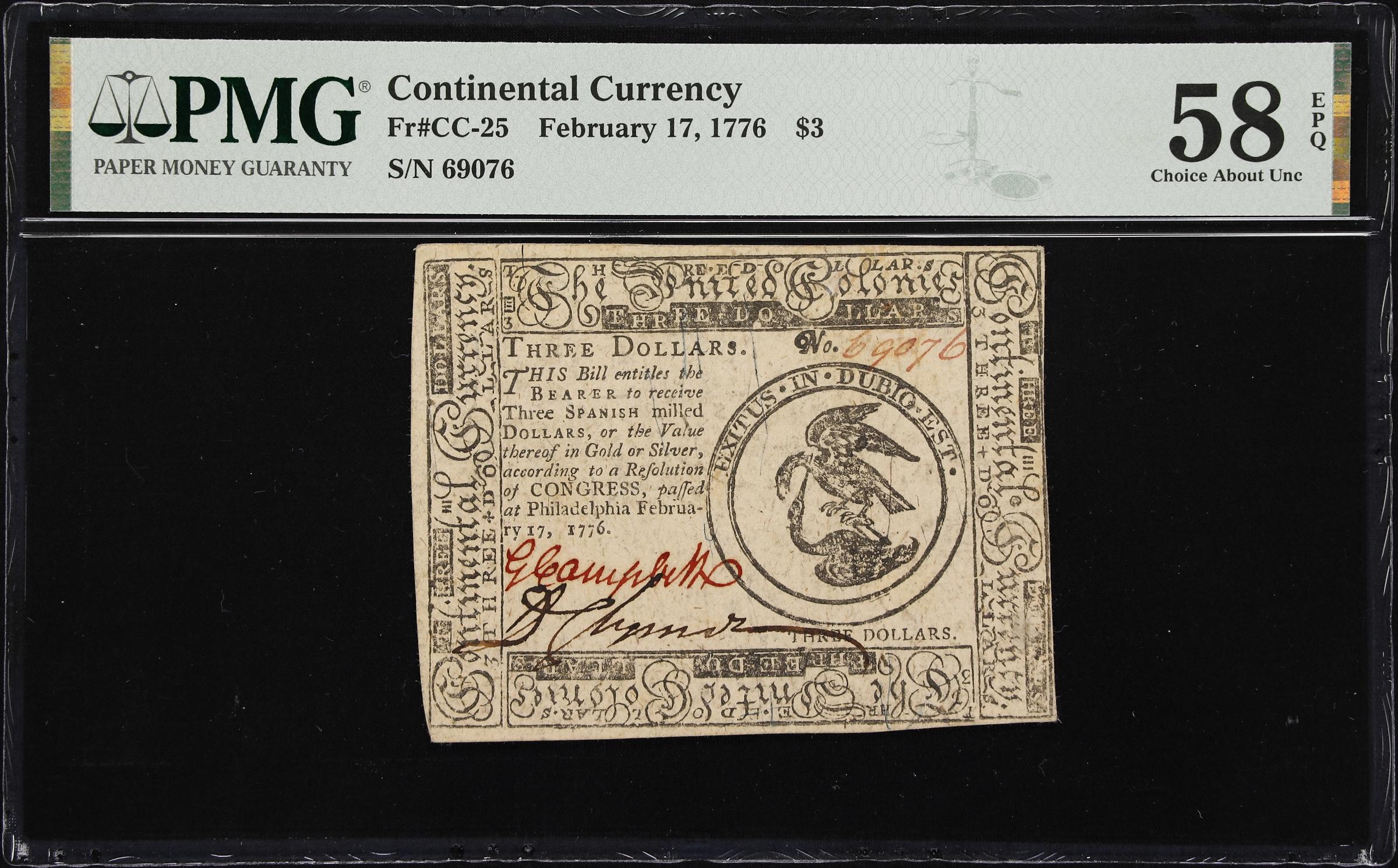 image for: CC-25. Continental Currency. February 17, 1776. $3. PMG Choice About Uncirculated 58 EPQ.