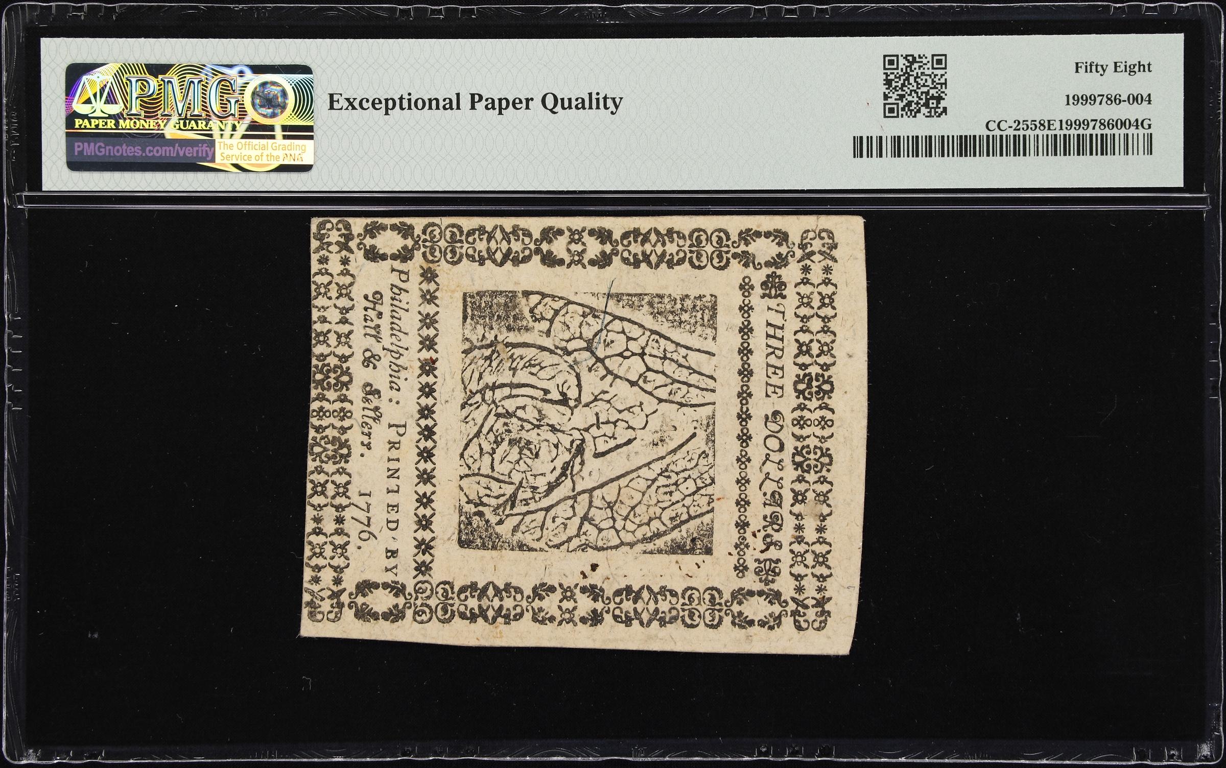 image for: CC-25. Continental Currency. February 17, 1776. $3. PMG Choice About Uncirculated 58 EPQ.