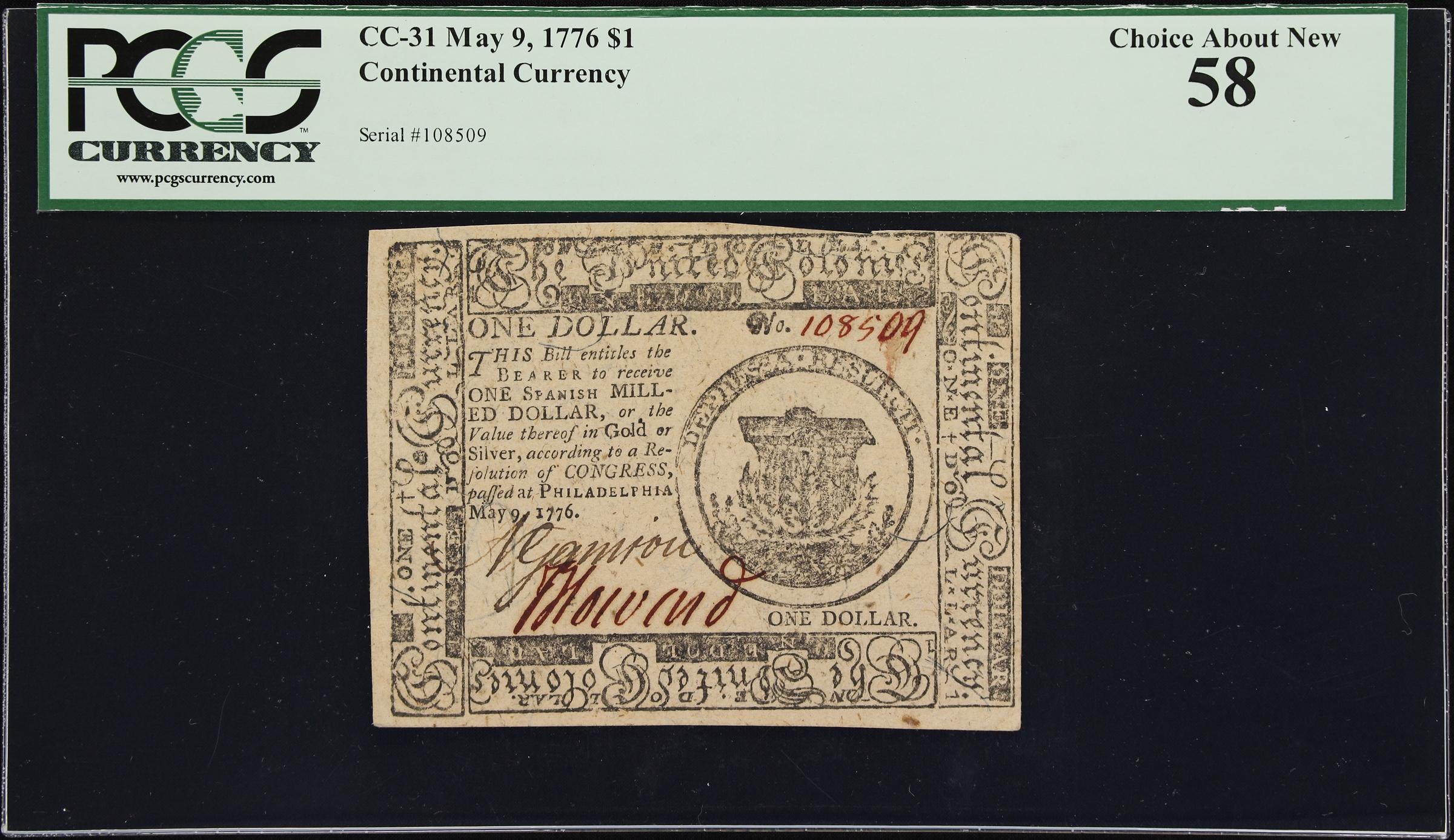 image for: CC-31. Continental Currency. May 9, 1776. $1. PCGS Currency Choice About New 58.