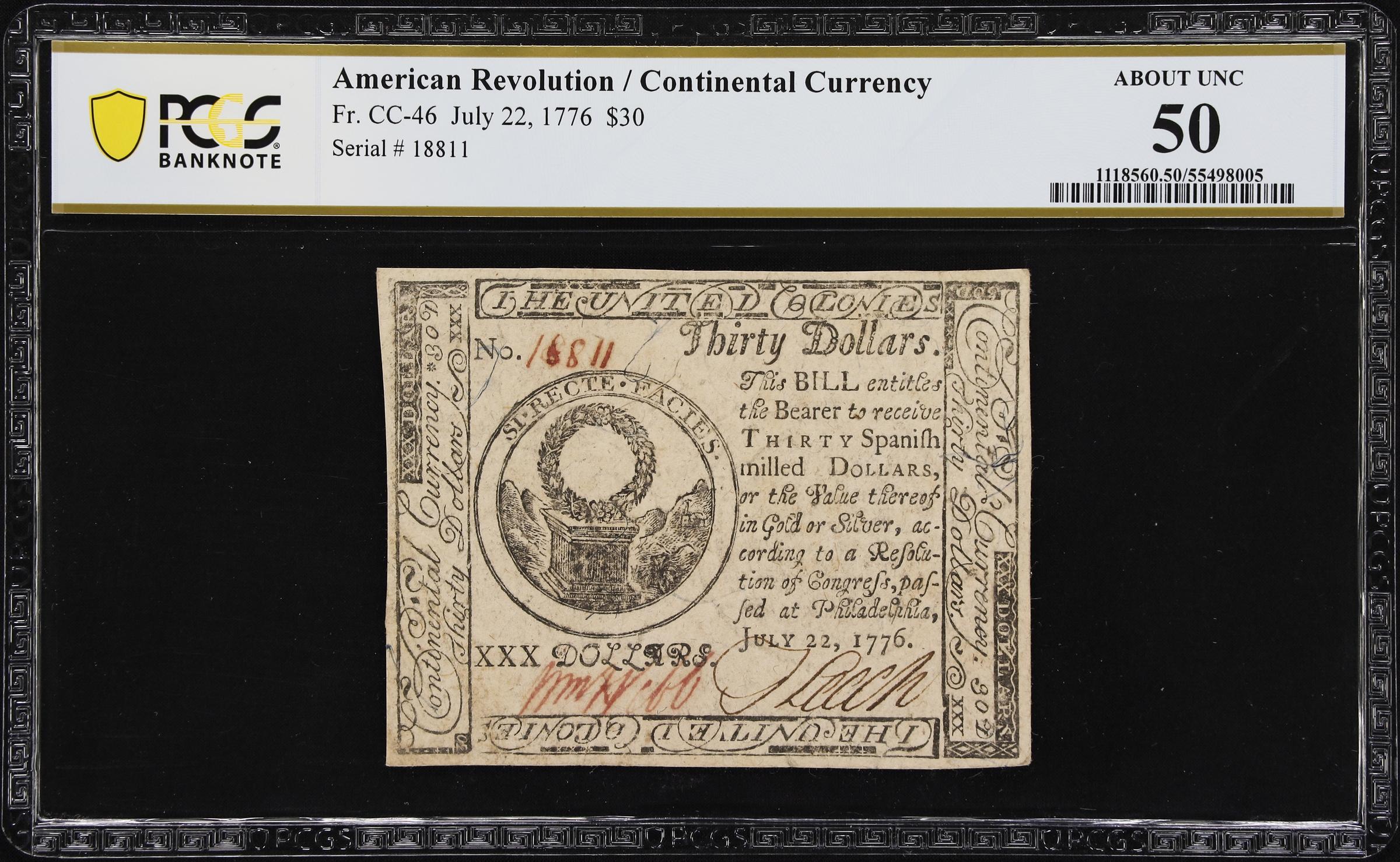 image for: CC-46. Continental Currency. July 22, 1776. $30. PCGS Banknote About Uncirculated 50.