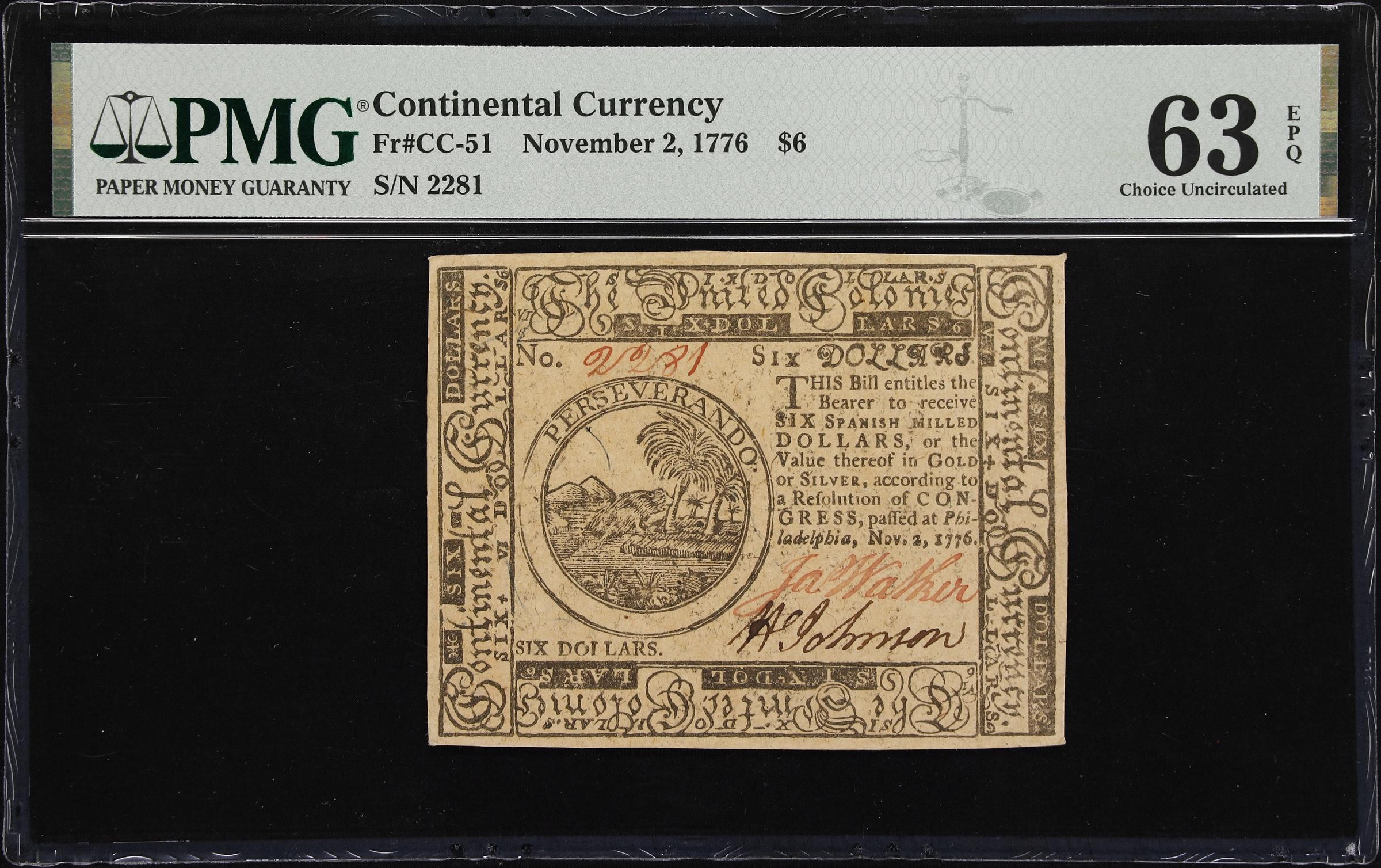 image for: CC-51. Continental Currency. November 2, 1776. $6. PMG Choice Uncirculated 63 EPQ.