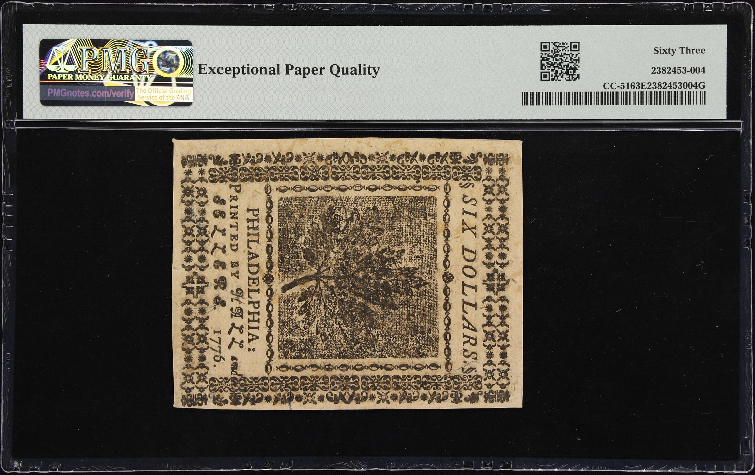 image for: CC-51. Continental Currency. November 2, 1776. $6. PMG Choice Uncirculated 63 EPQ.