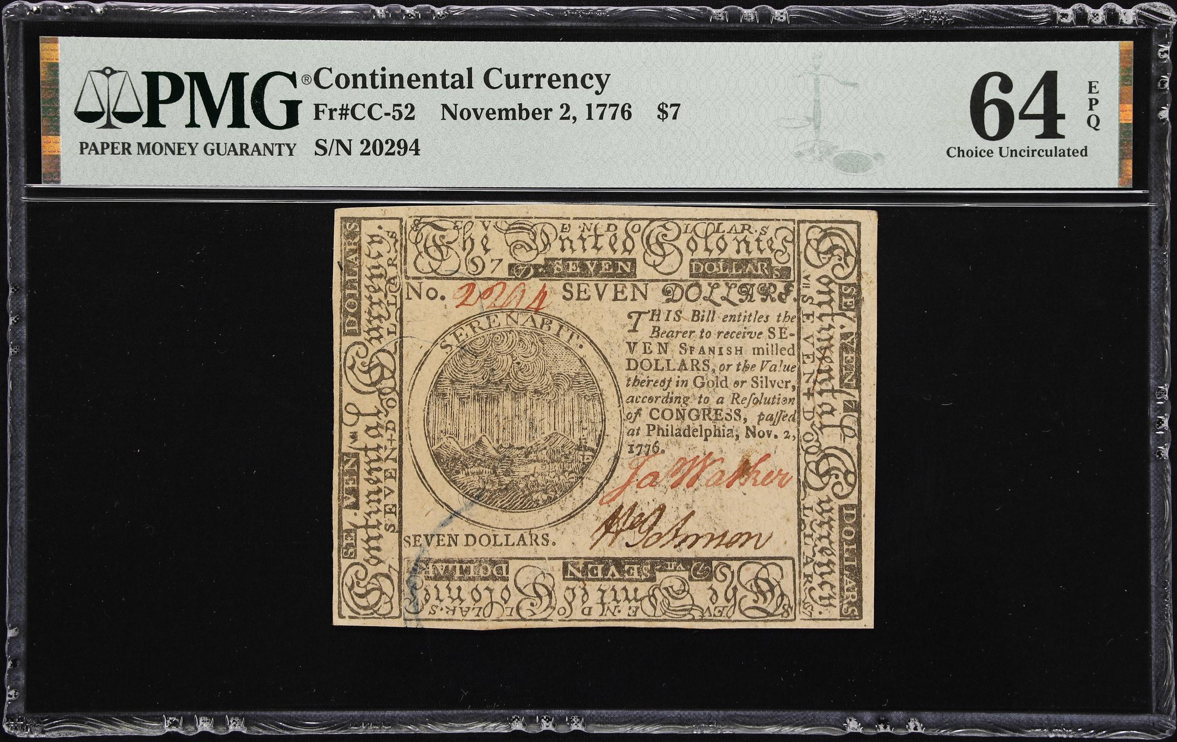 image for: CC-52. Continental Currency. November 2, 1776. $7. PMG Choice Uncirculated 64 EPQ.