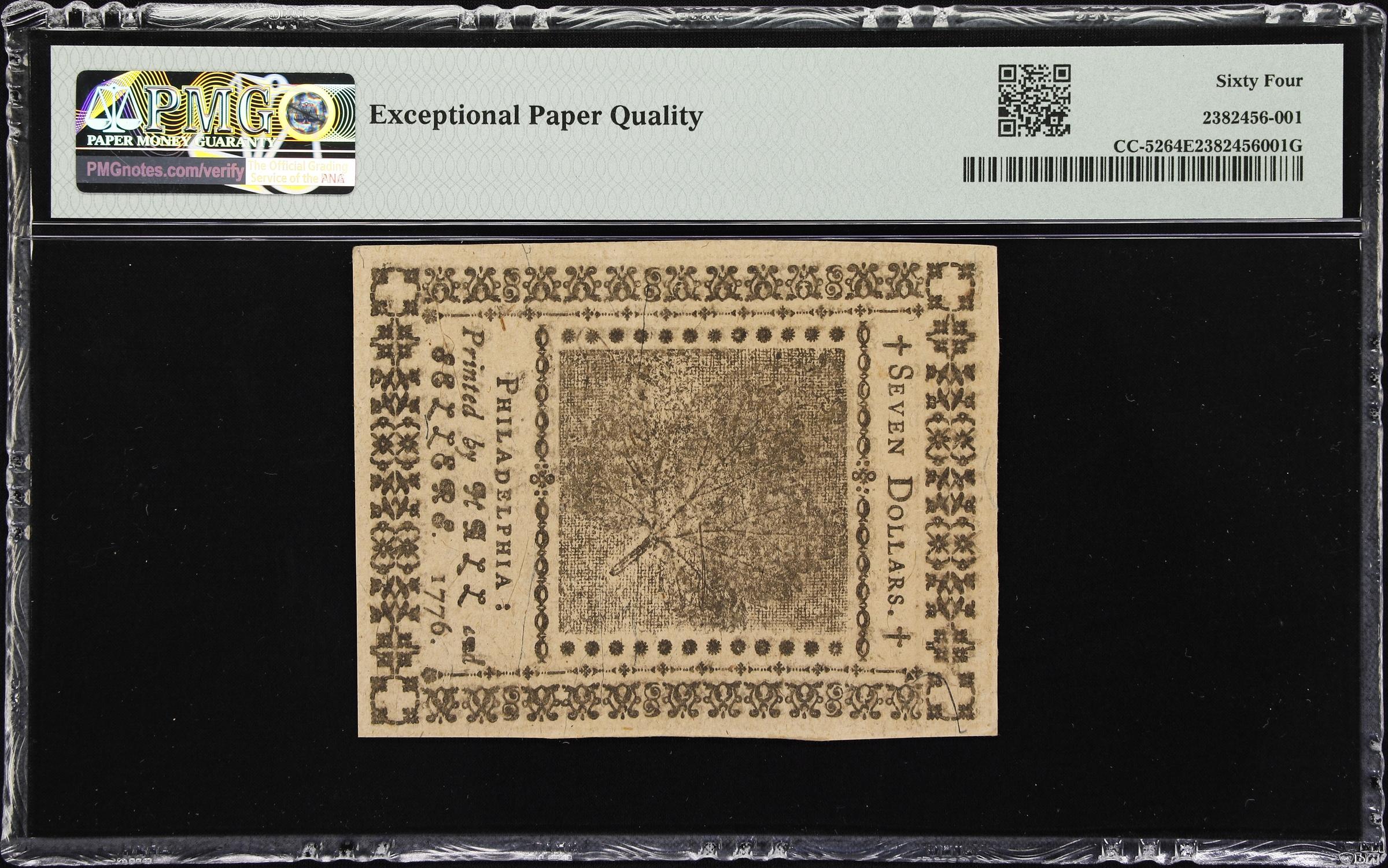 image for: CC-52. Continental Currency. November 2, 1776. $7. PMG Choice Uncirculated 64 EPQ.