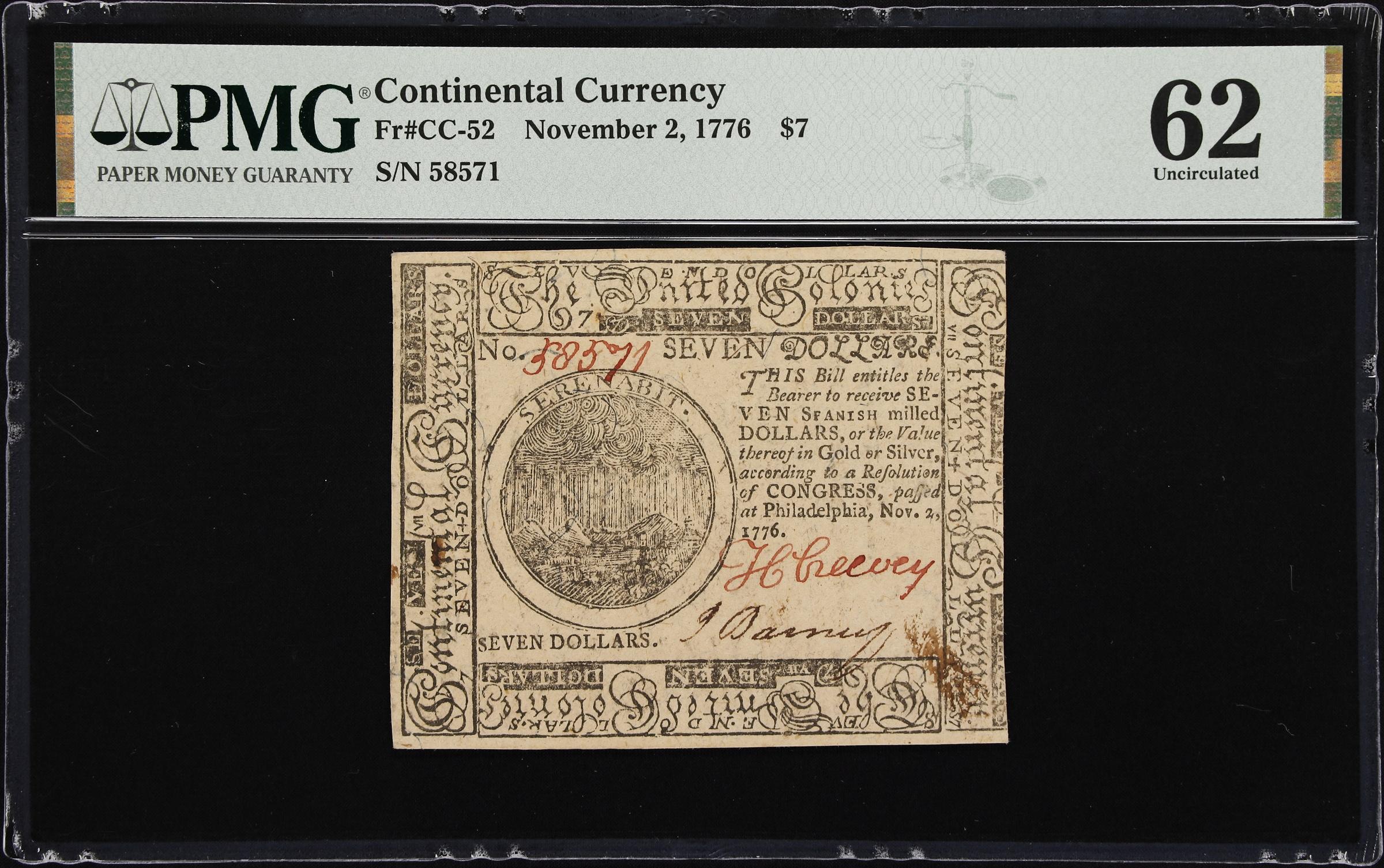 image for: CC-52. Continental Currency. November 2, 1776. $7. PMG Uncirculated 62.