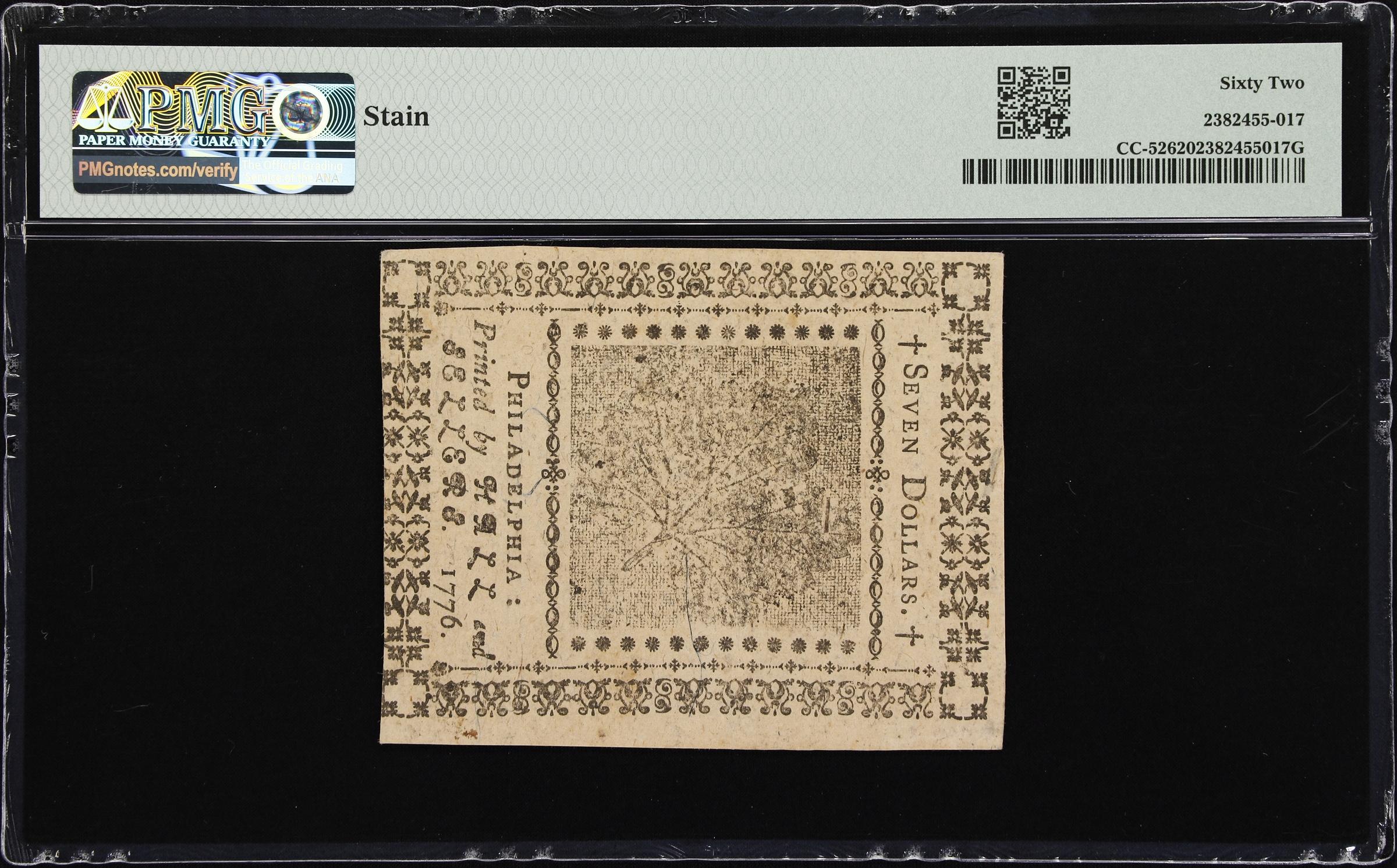 image for: CC-52. Continental Currency. November 2, 1776. $7. PMG Uncirculated 62.