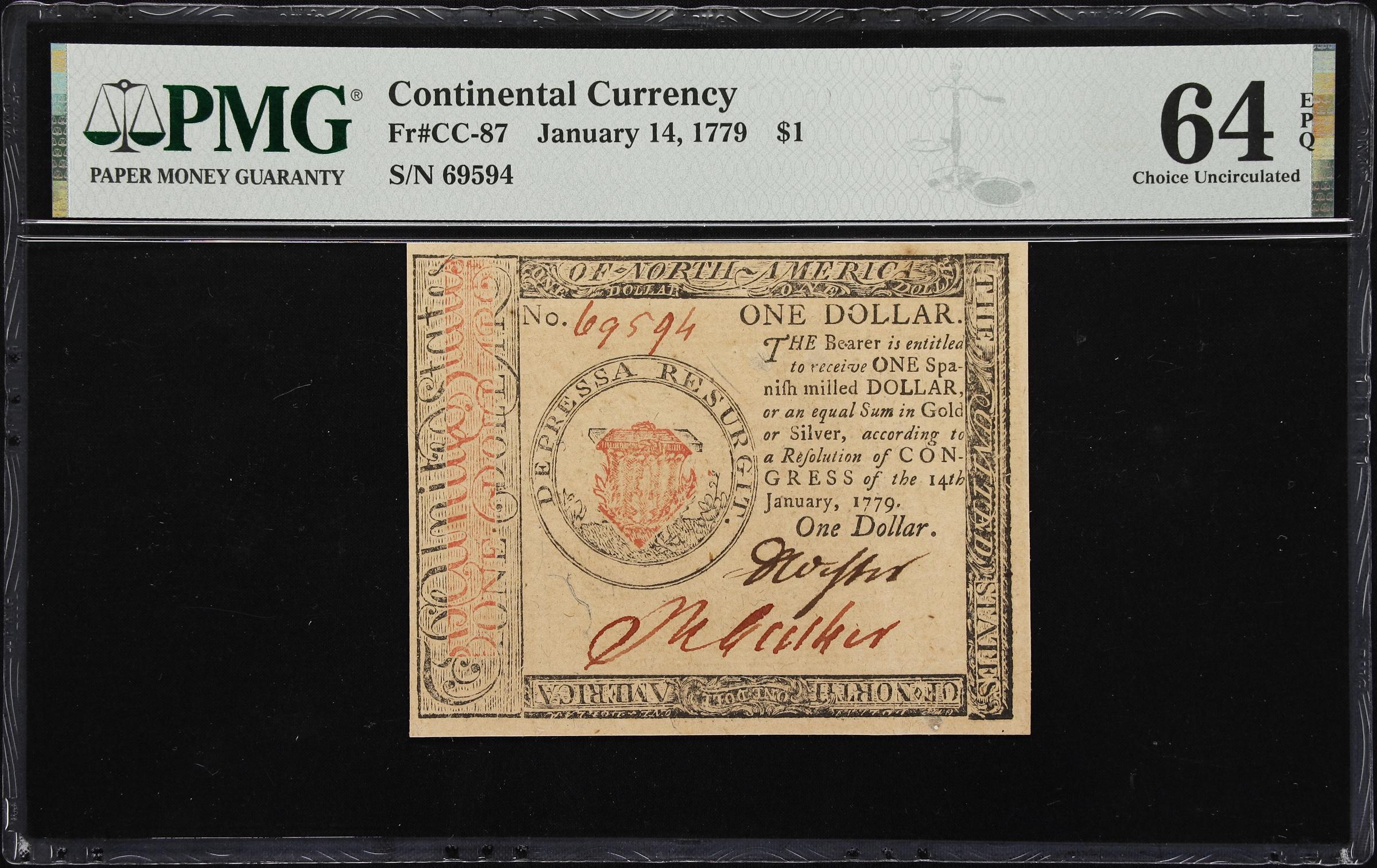 image for: CC-87. Continental Currency. January 14, 1779. $1. PMG Choice Uncirculated 64 EPQ.