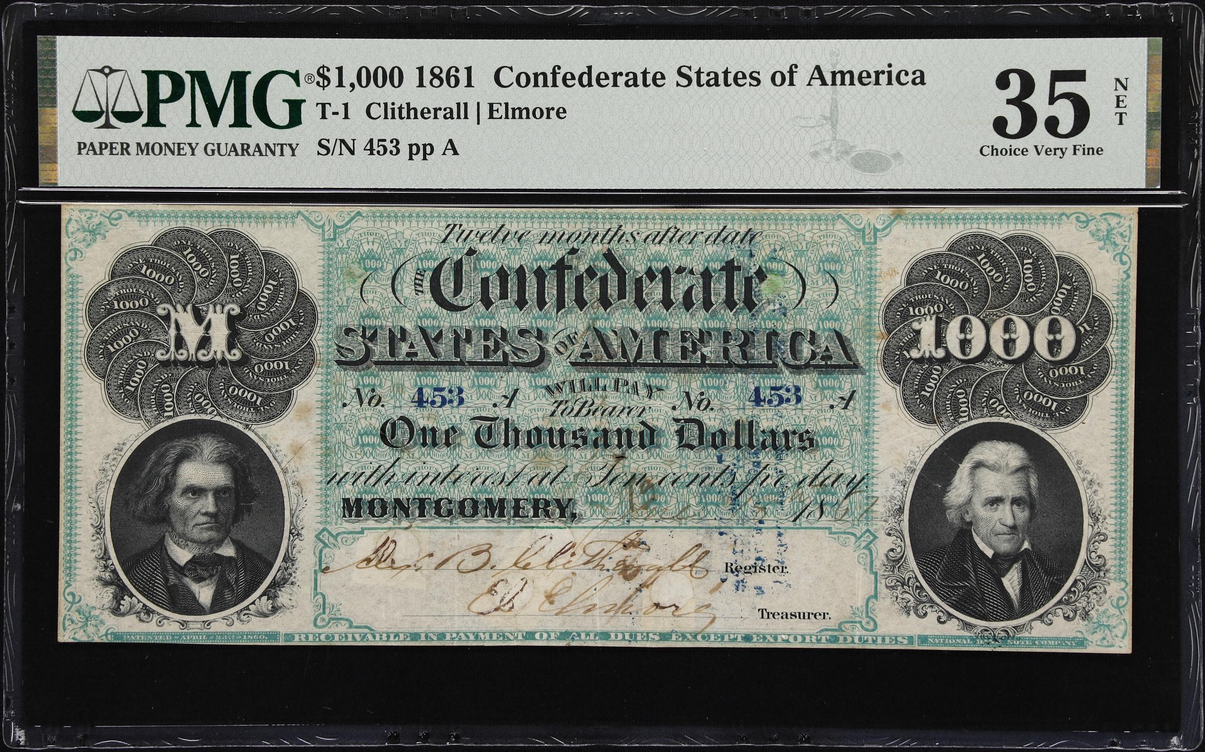 image for: T-1. Confederate Currency. 1861 $1000. PMG Choice Very Fine 35 Net. Cancellation Repairs & Minor Ink Burn.
