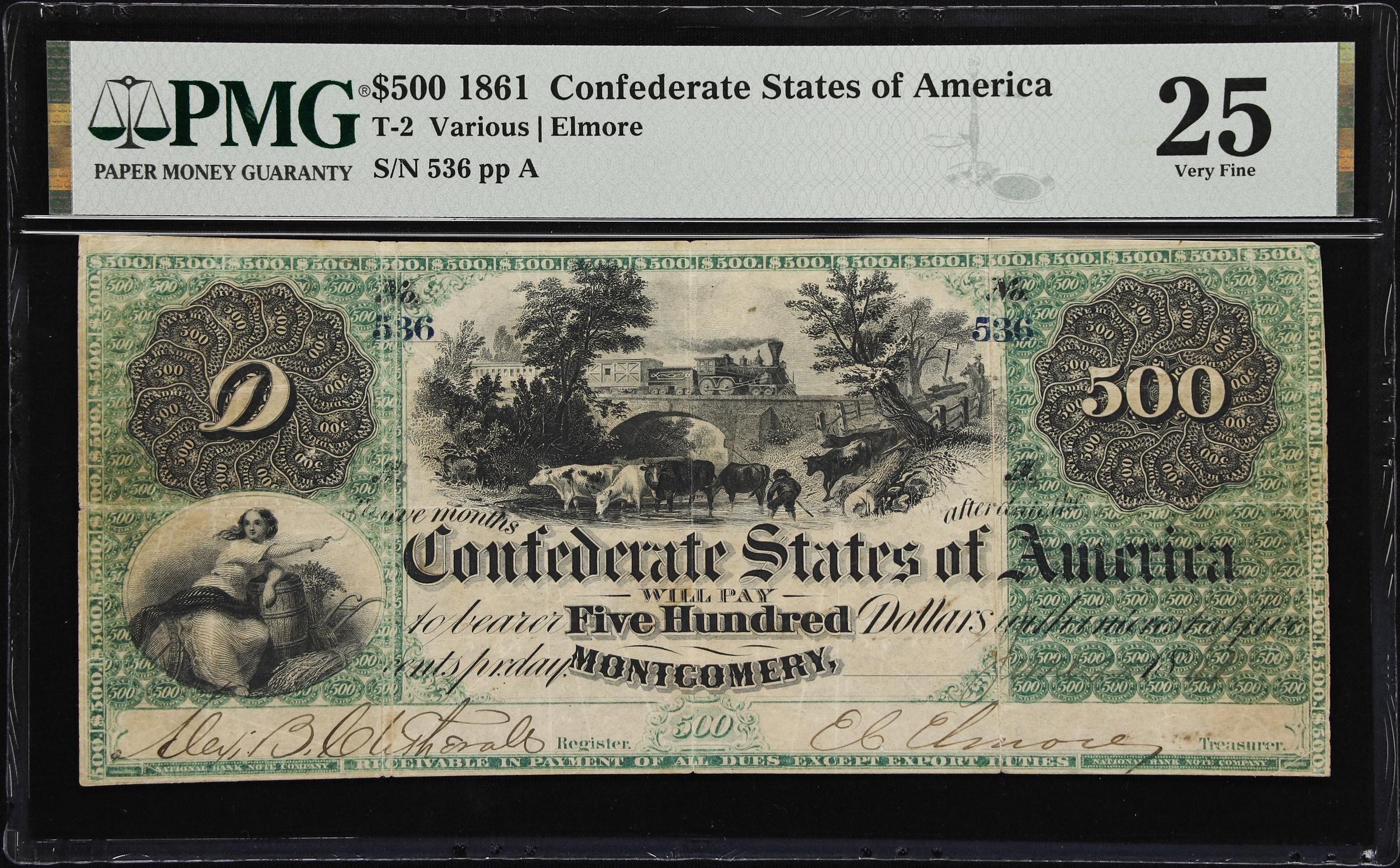 image for: T-2. Confederate Currency. 1861 $500. PMG Very Fine 25.