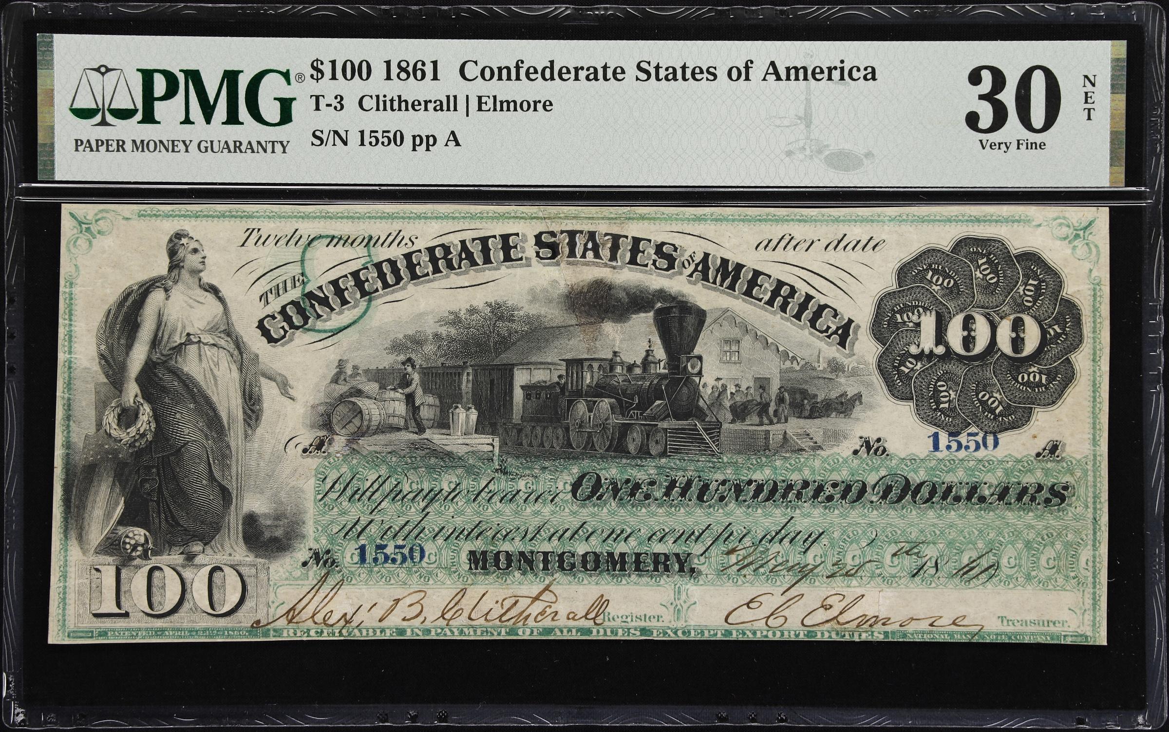 image for: T-3. Confederate Currency. 1861 $100. PMG Very Fine 30 Net. Cancellation Repairs.