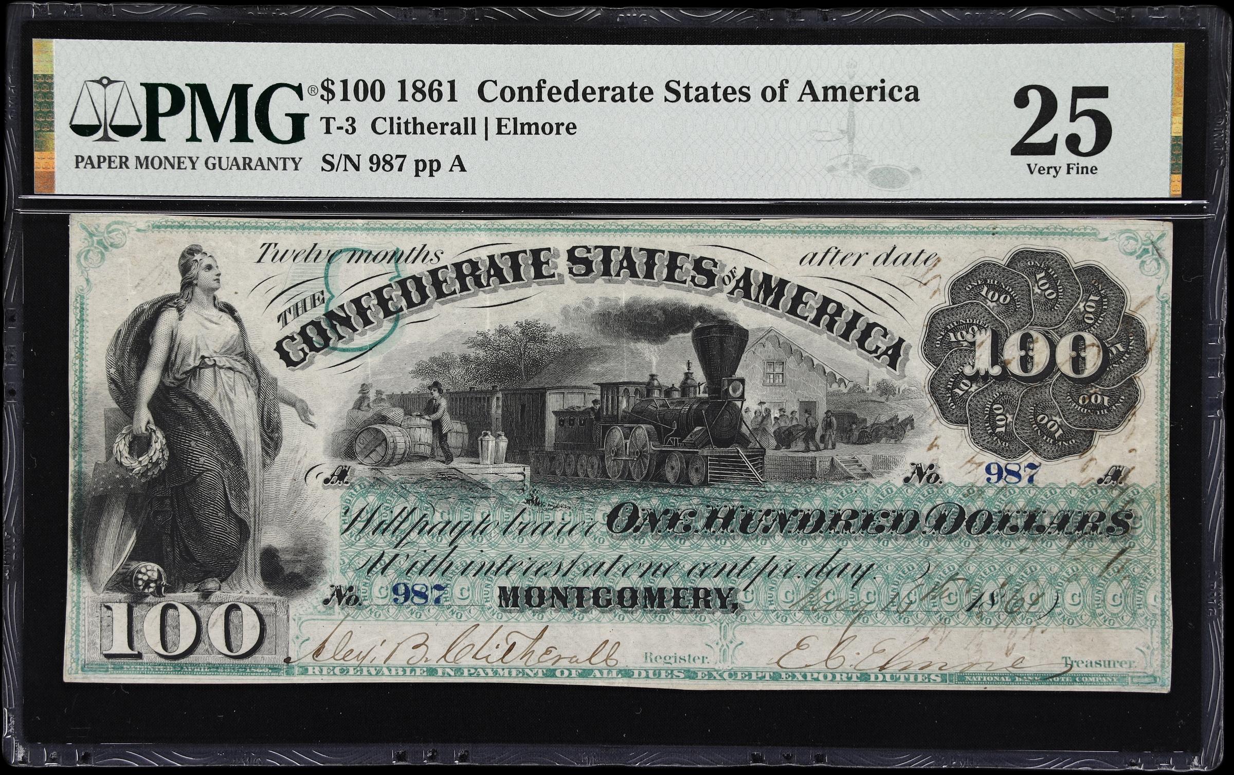 image for: T-3. Confederate Currency. 1861 $100. PMG Very Fine 25. Penned Military & Civil Endorsements.