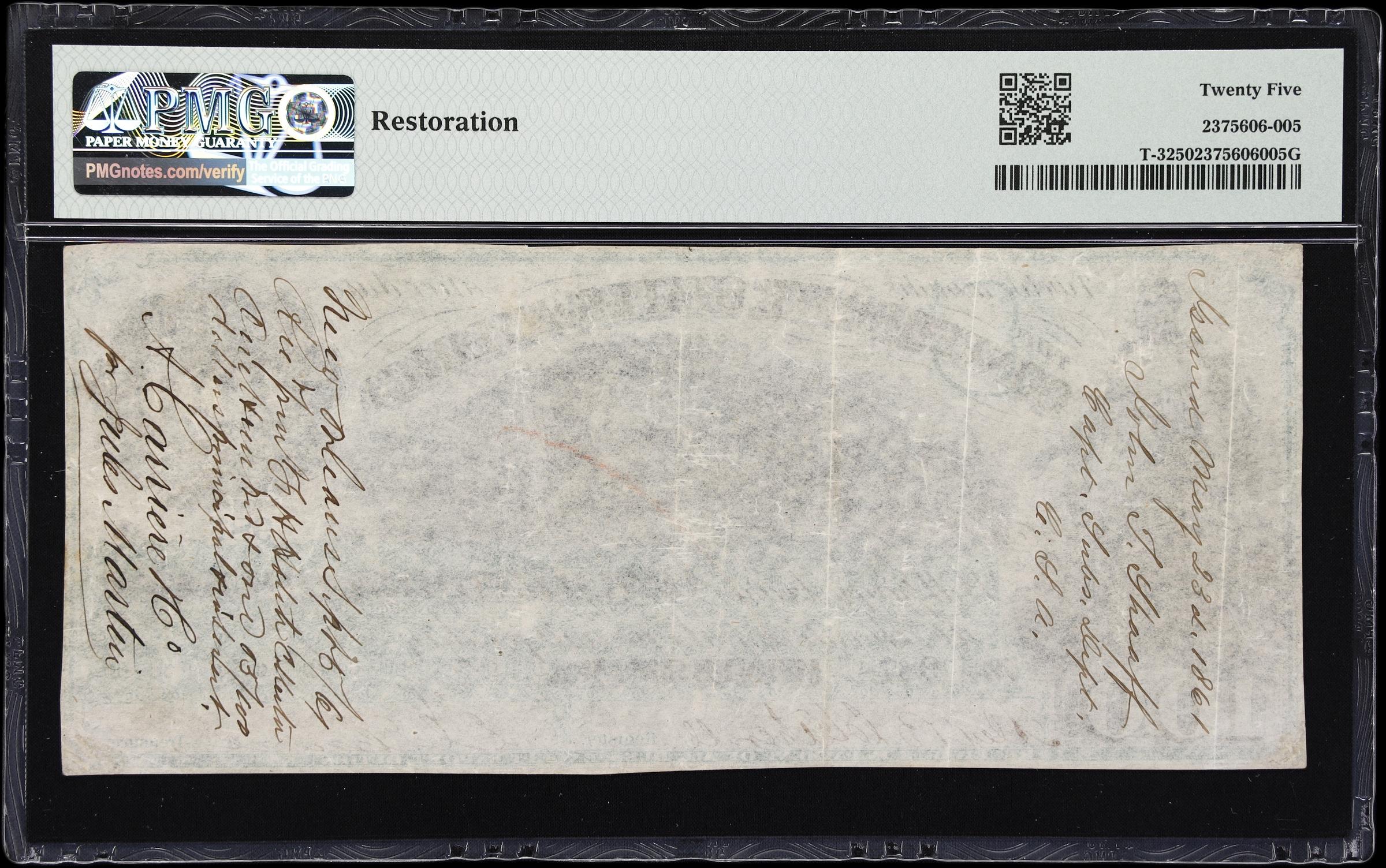 image for: T-3. Confederate Currency. 1861 $100. PMG Very Fine 25. Penned Military & Civil Endorsements.