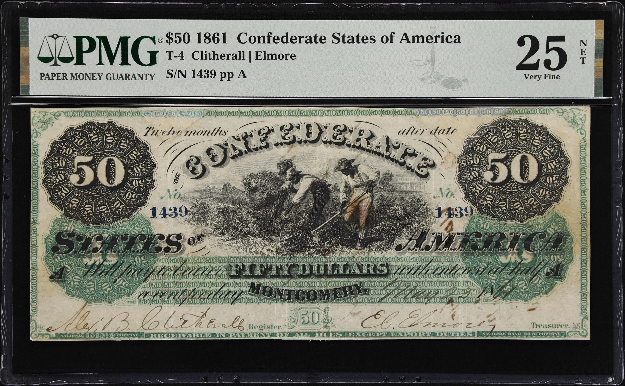 image for: T-4. Confederate Currency. 1861 $50. PMG Very Fine 25 Net. Cancellation Repairs & Rust Stain. Penned Military Endorsement.