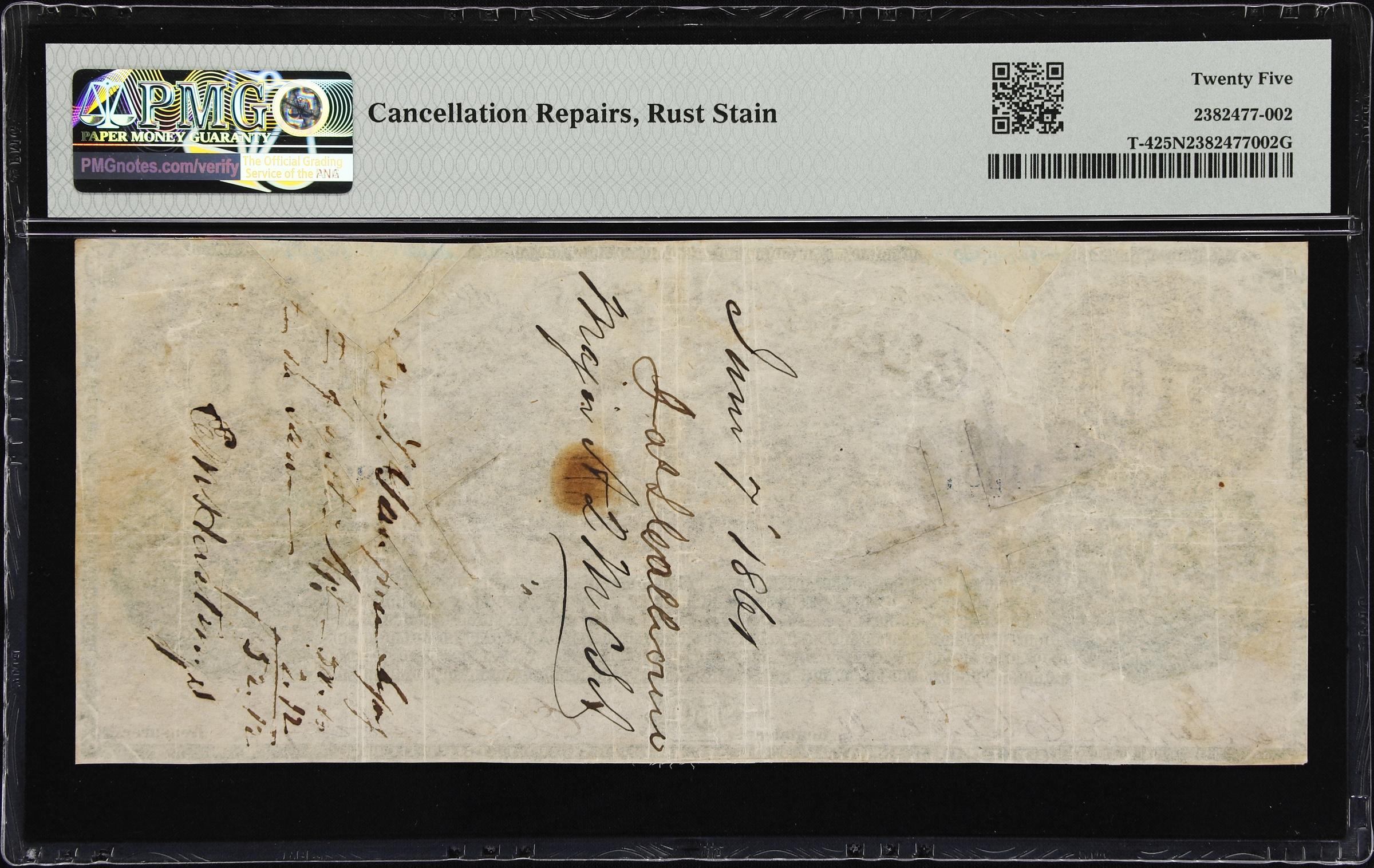 image for: T-4. Confederate Currency. 1861 $50. PMG Very Fine 25 Net. Cancellation Repairs & Rust Stain. Penned Military Endorsement.