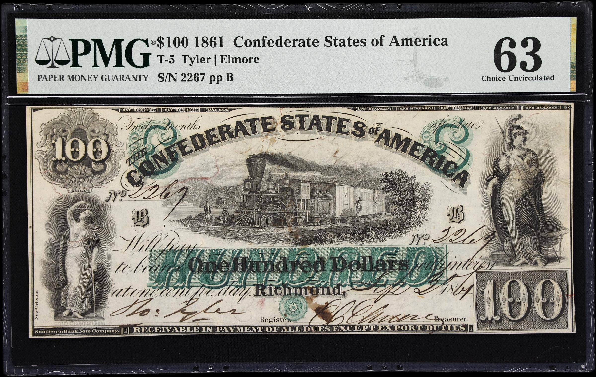 image for: T-5. Confederate Currency. 1861 $100. PMG Choice Uncirculated 63. Penned Military Endorsement.