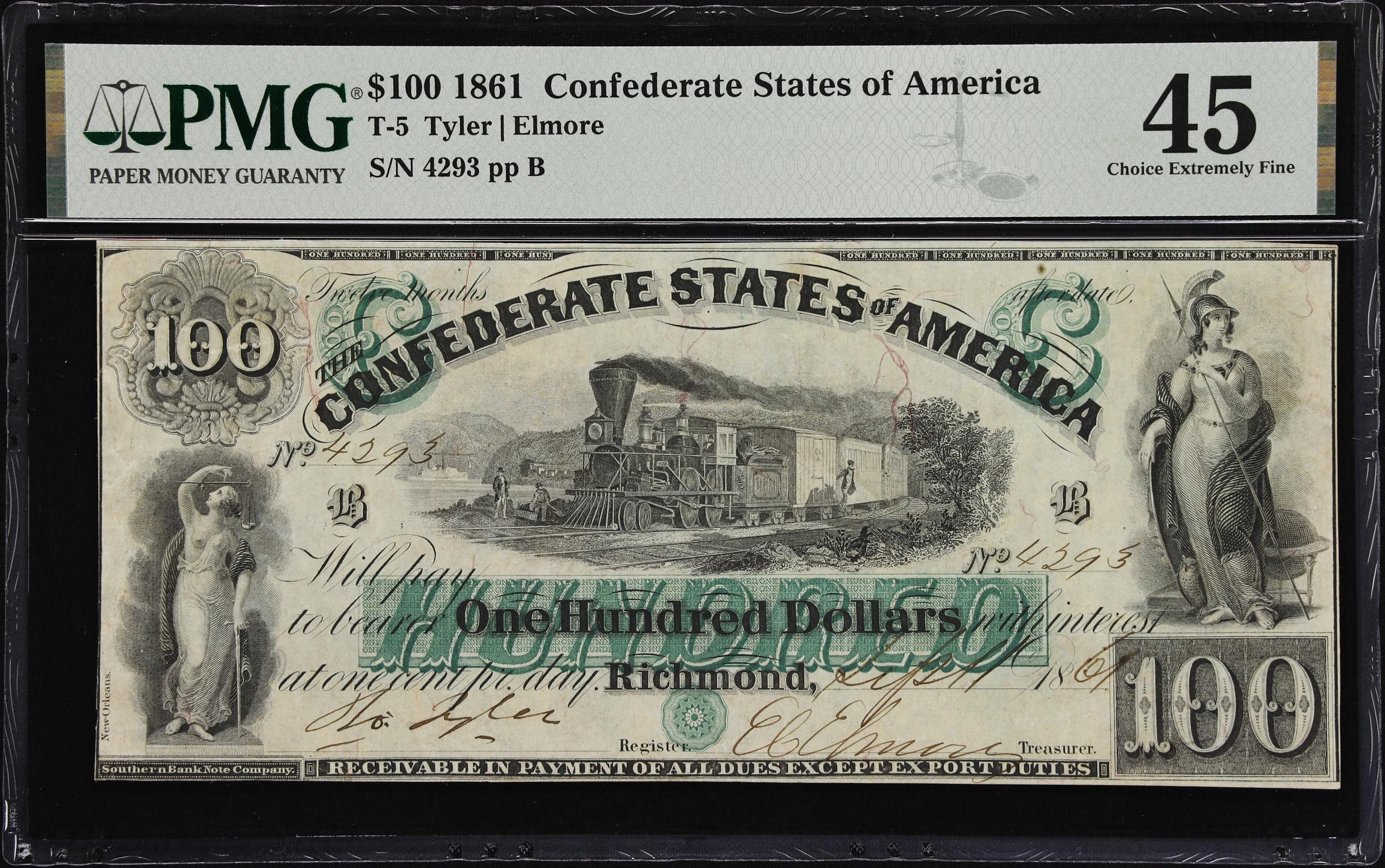 image for: T-5. Confederate Currency. 1861 $100. PMG Choice Extremely Fine 45.