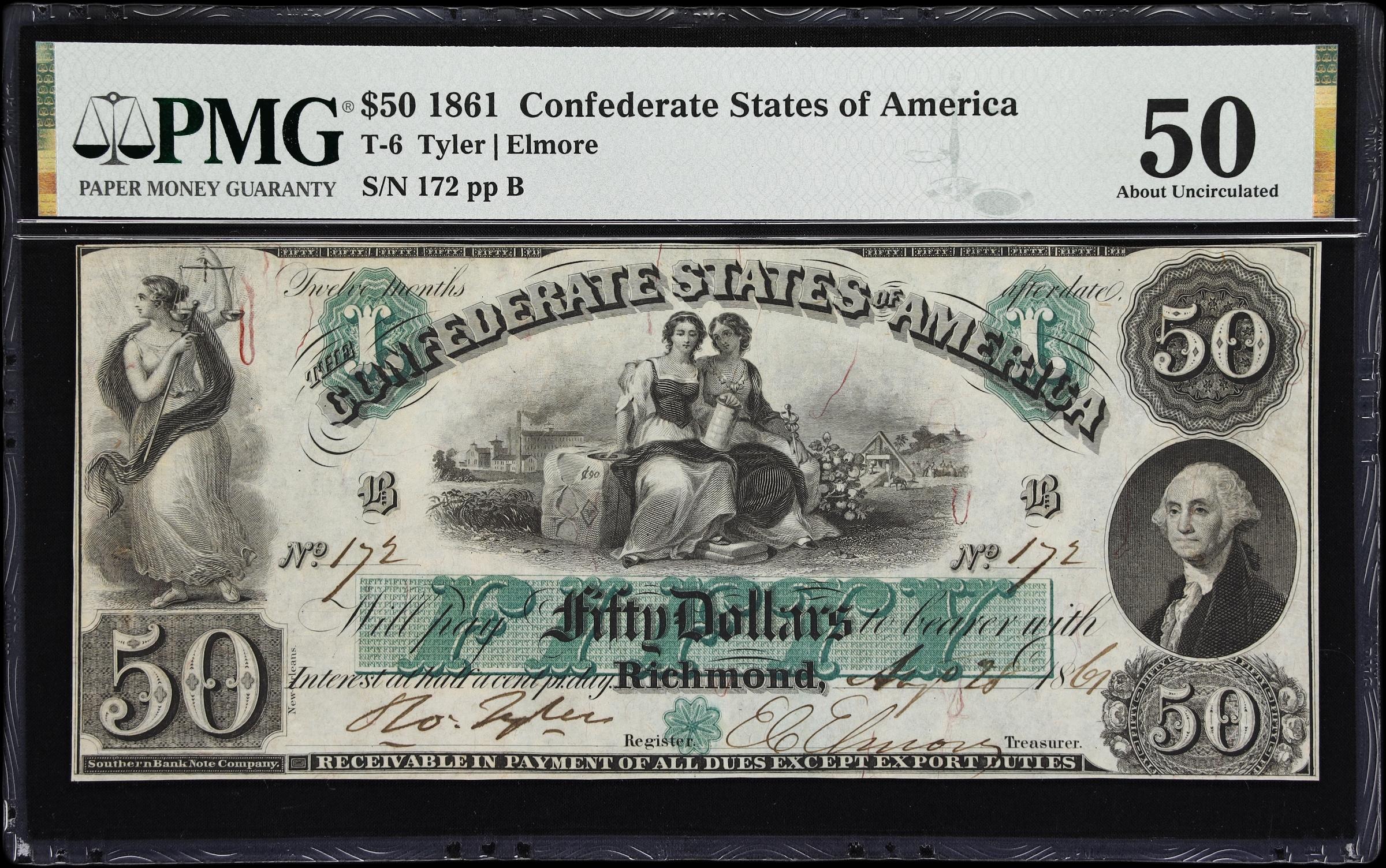 image for: T-6. Confederate Currency. 1861 $50. PMG About Uncirculated 50.