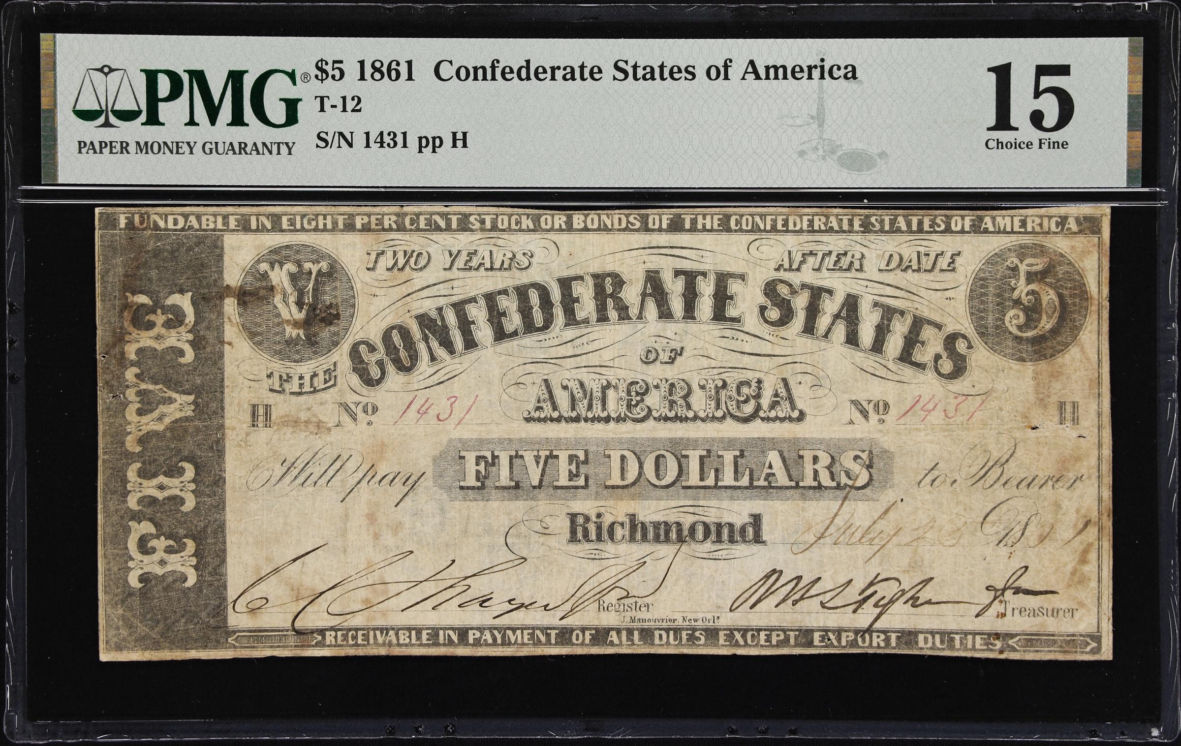 image for: T-12. Confederate Currency. 1861 $5. PMG Choice Fine 15.
