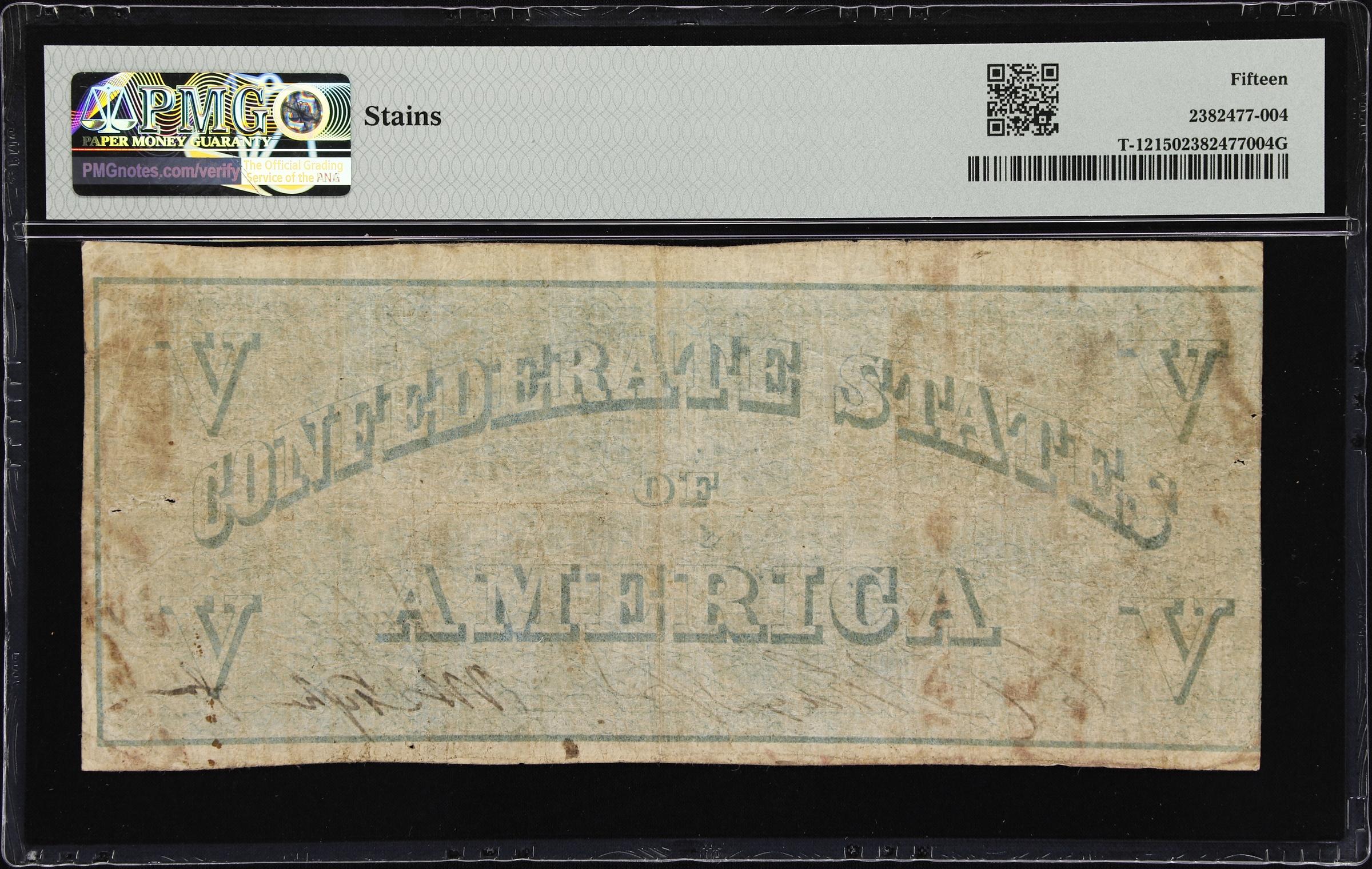 image for: T-12. Confederate Currency. 1861 $5. PMG Choice Fine 15.