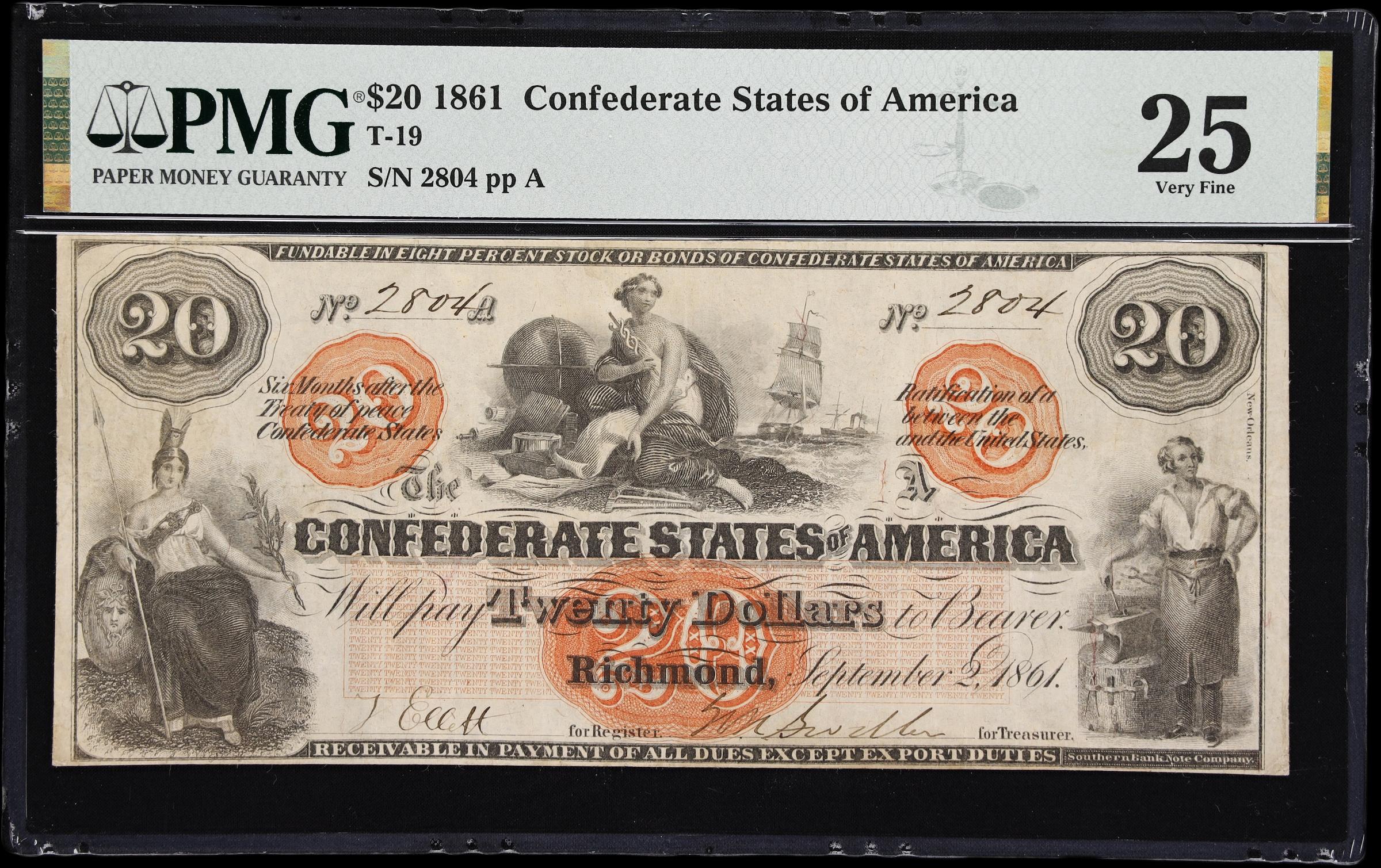 image for: T-19. Confederate Currency. 1861 $20. PMG Very Fine 25.