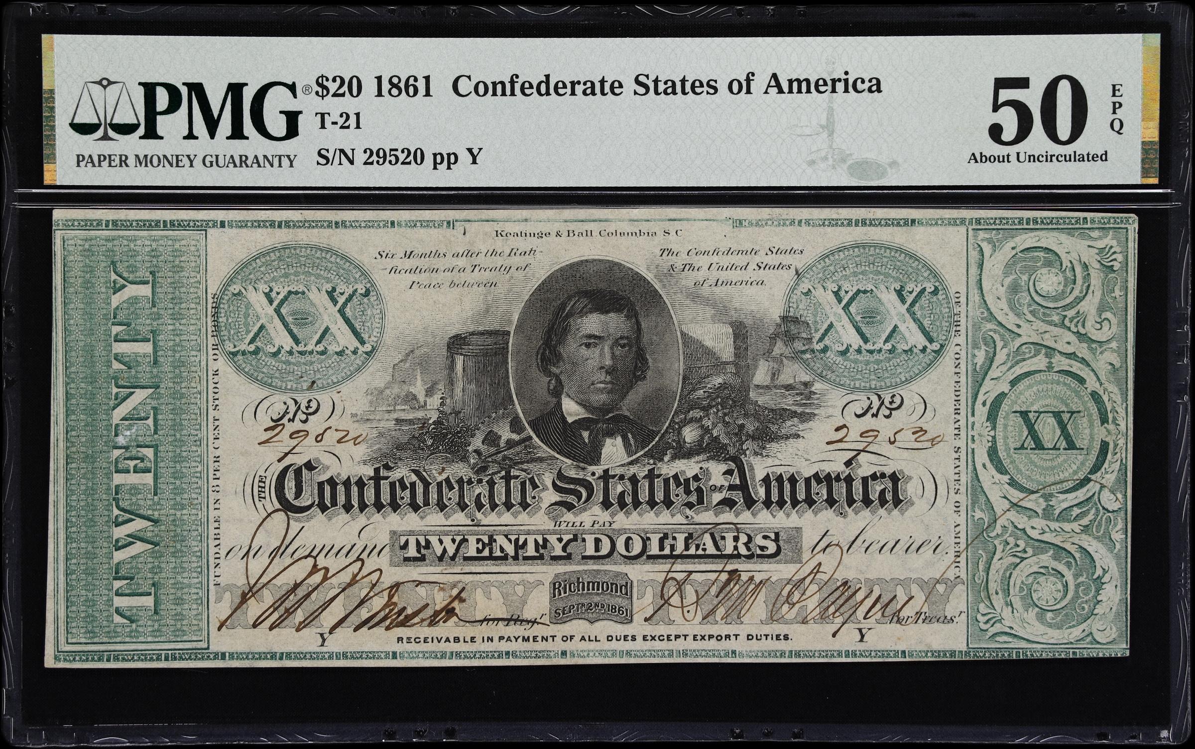 image for: T-21. Confederate Currency. 1861 $20. PMG About Uncirculated 50 EPQ.