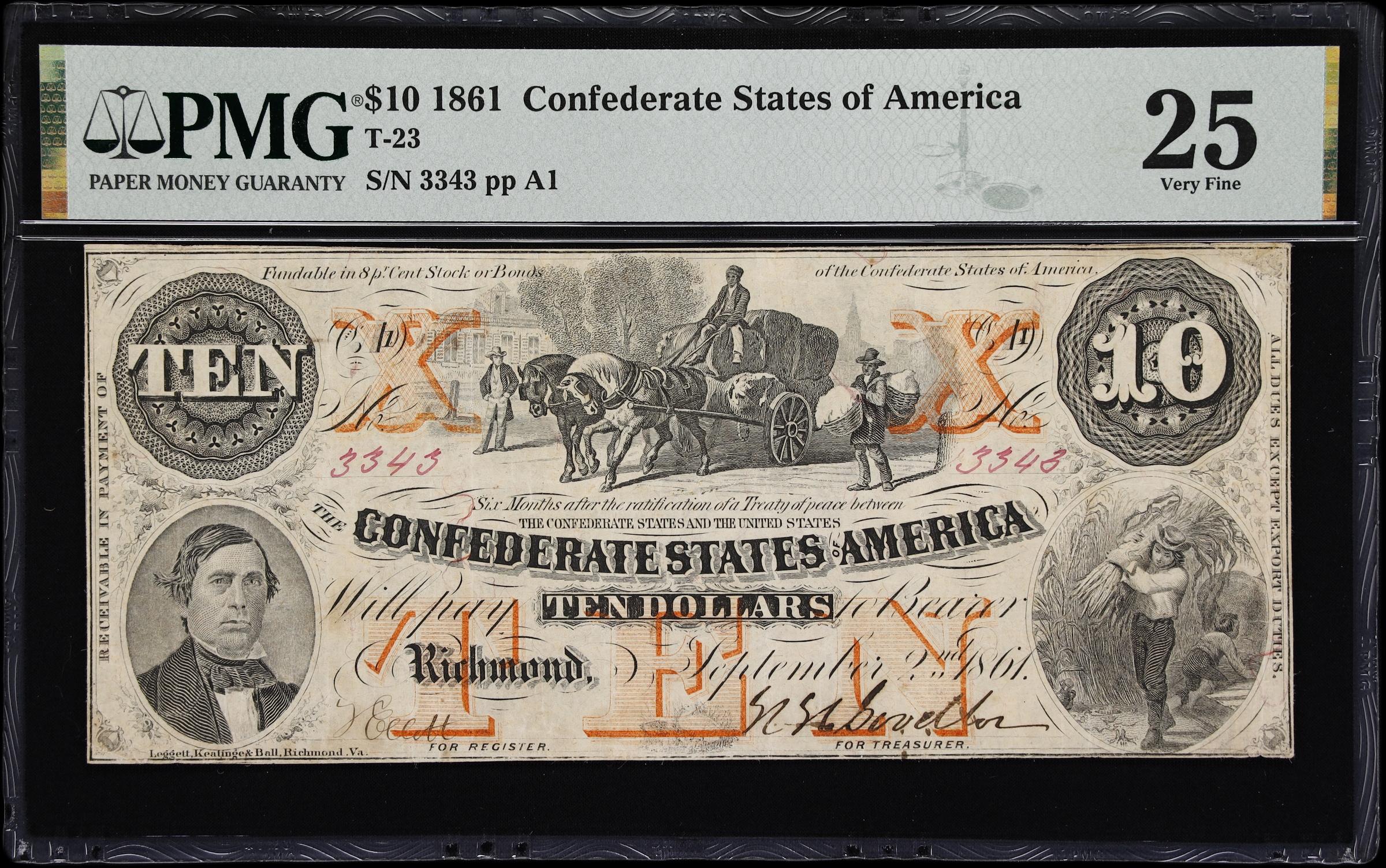 image for: T-23. Confederate Currency. 1861 $10. PMG Very Fine 25.