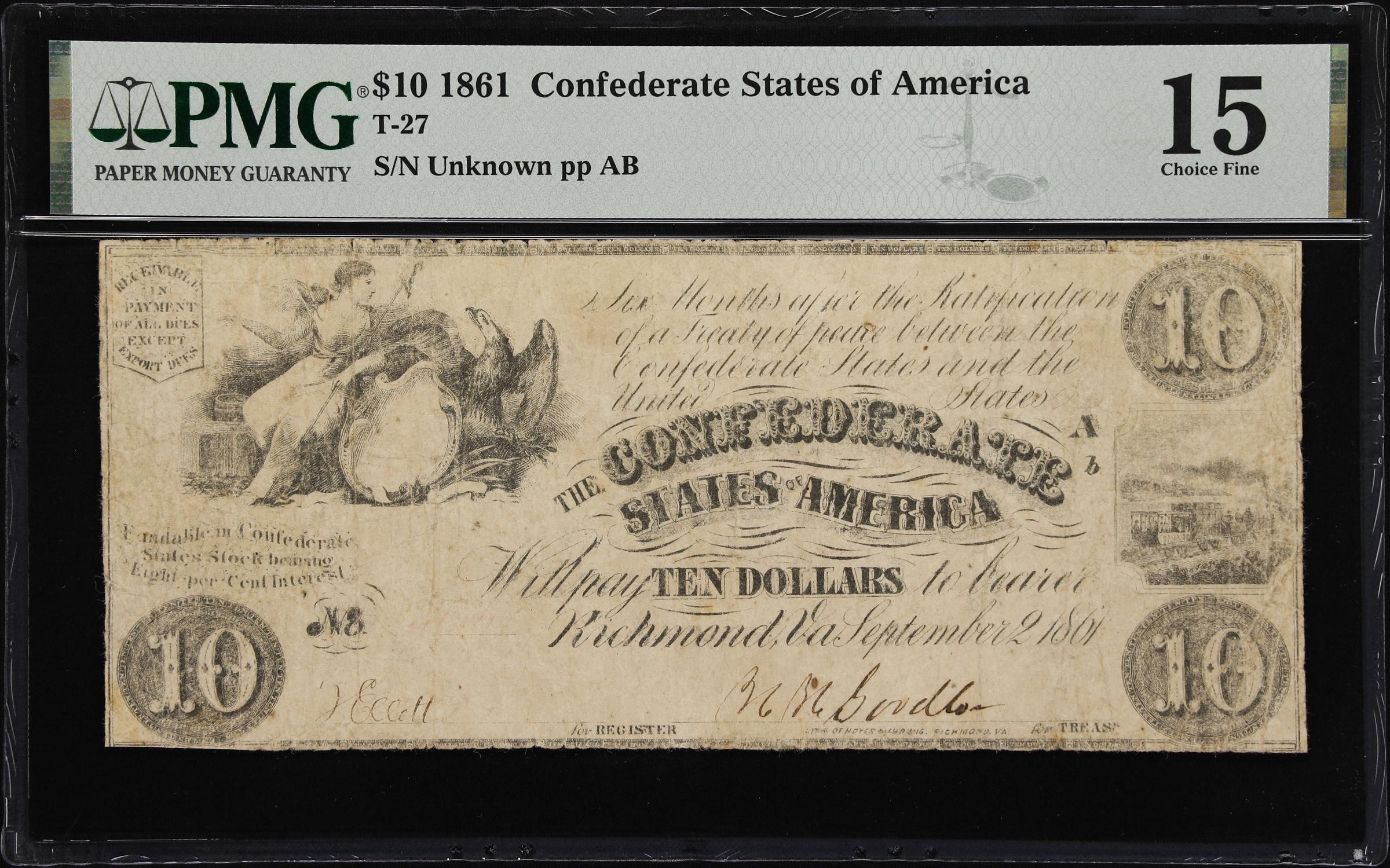 image for: T-27. Confederate Currency. 1861 $10. PMG Choice Fine 15.